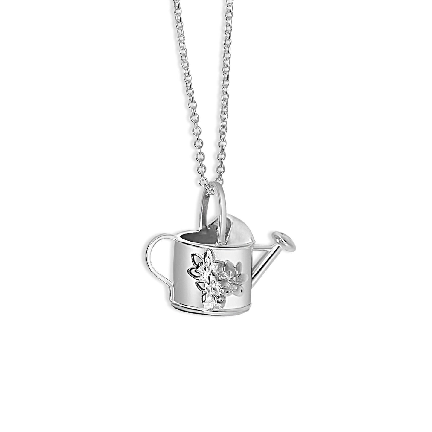 Watering Can, with flowers, old-fashioned vintage inspired gardener's necklace in solid silver
