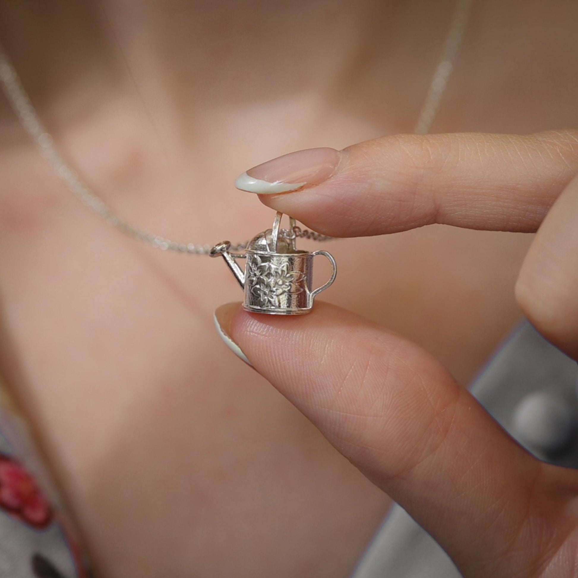 Watering Can, with flowers, old-fashioned vintage inspired gardener's necklace in solid silver