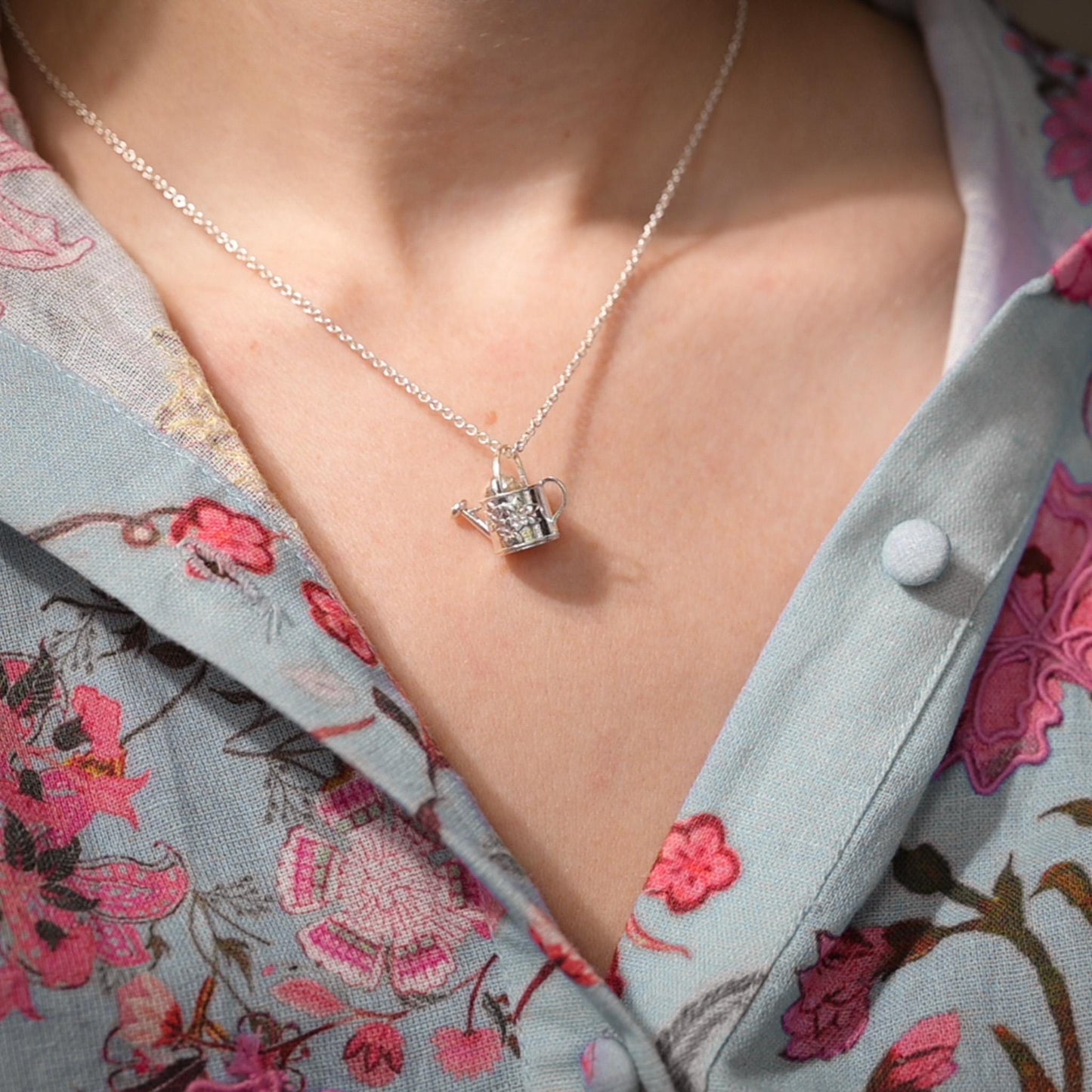 Watering Can, with flowers, old-fashioned vintage inspired gardener's necklace in solid silver