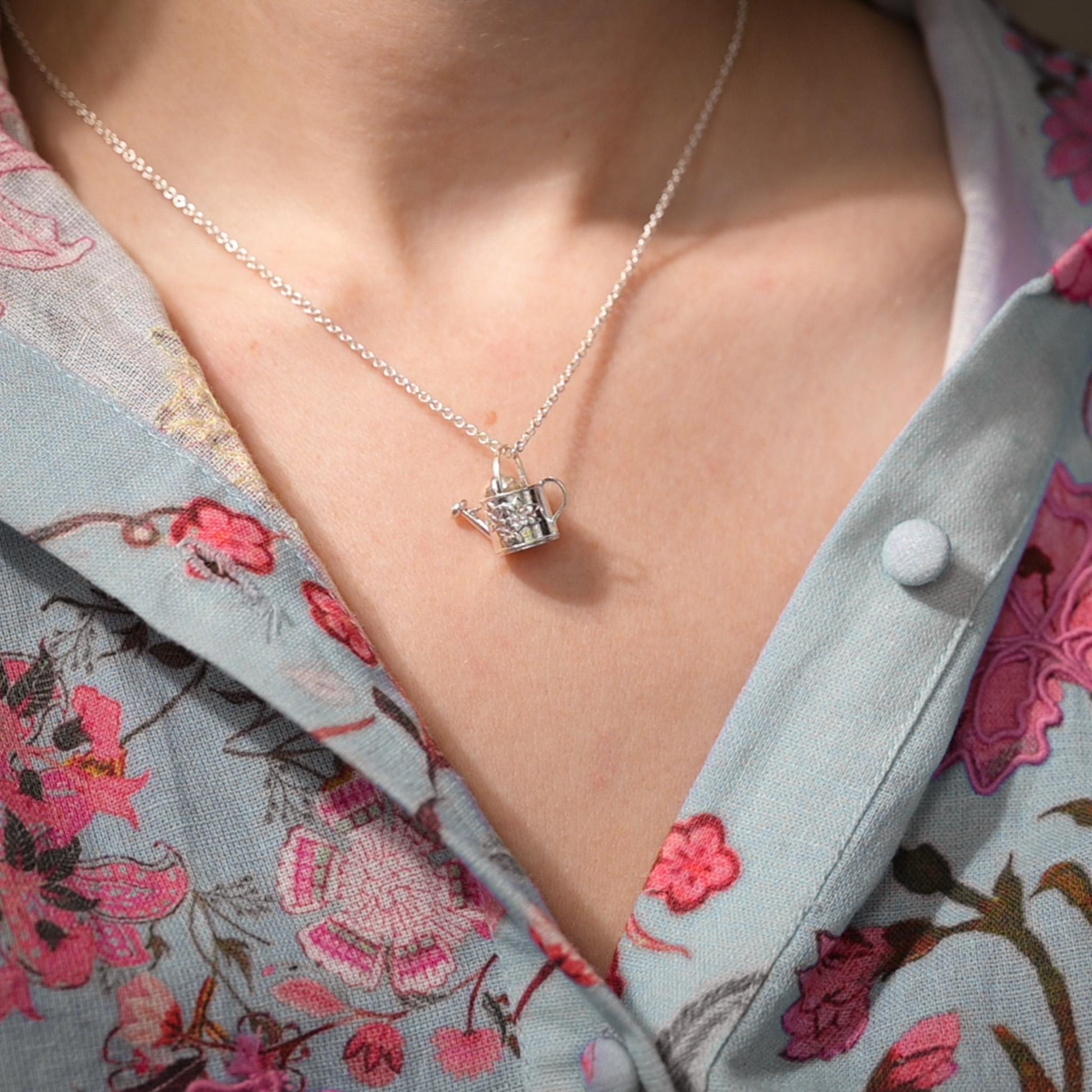 Watering Can, with flowers, old-fashioned vintage inspired gardener's necklace in solid silver
