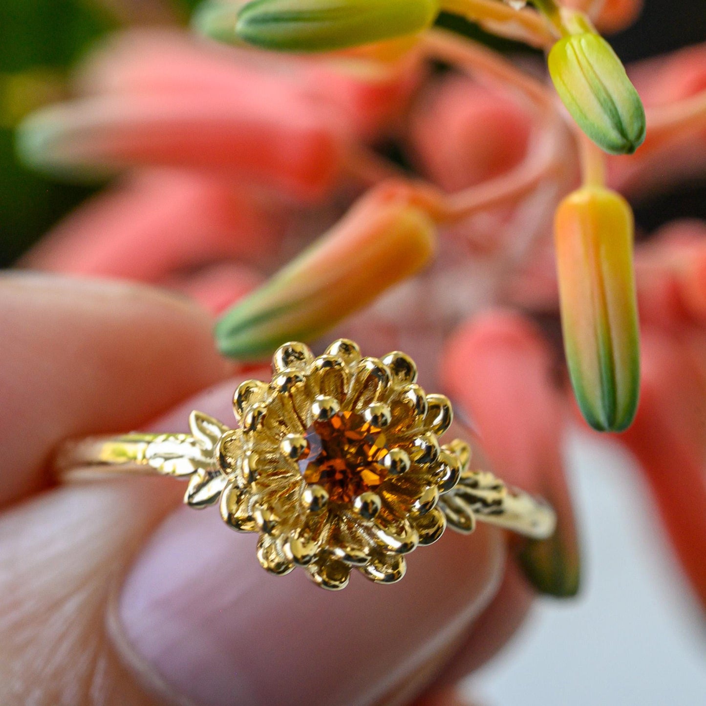 Citrine Chrysanthemum Ring, 3mm Birthstone