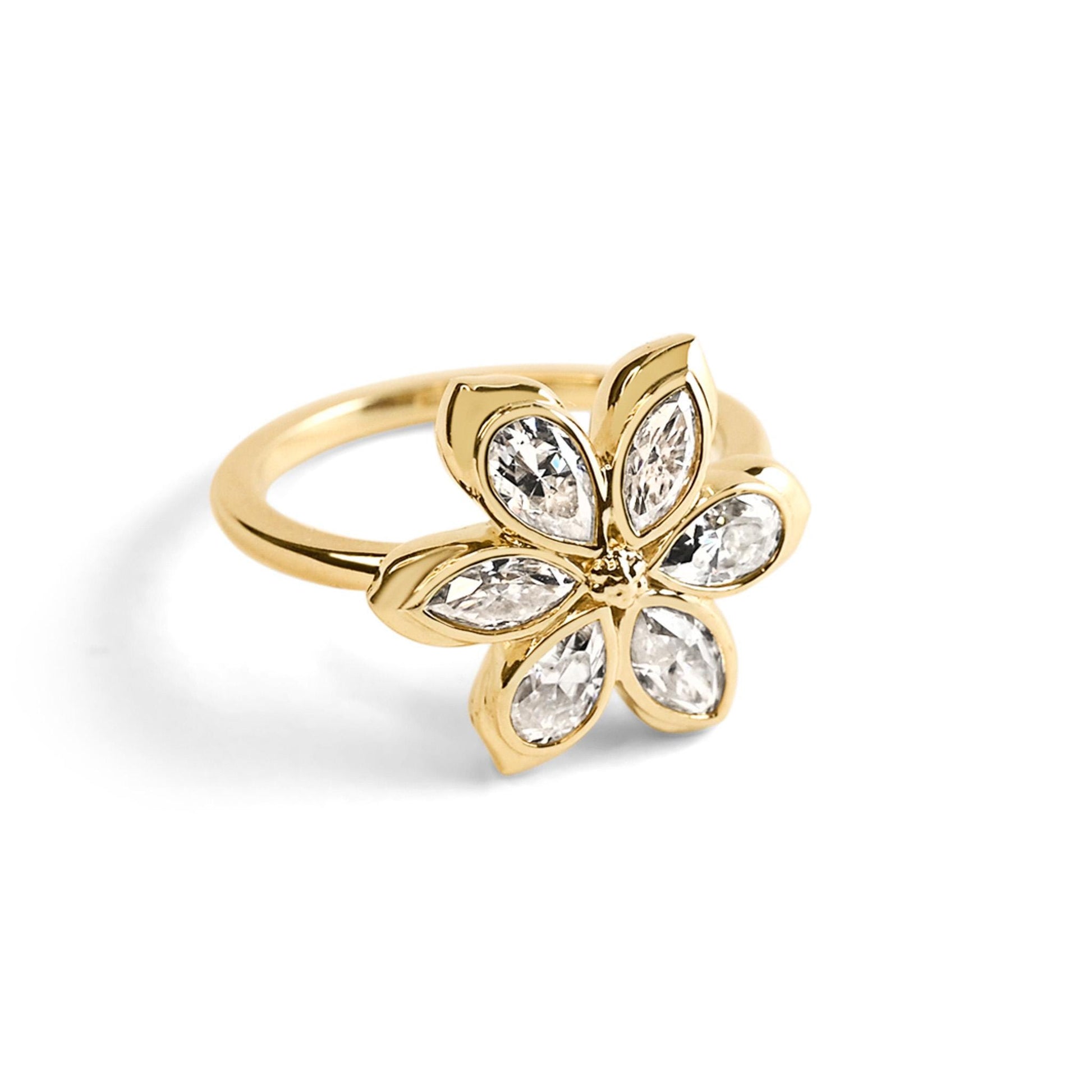 Diamond Daisy Flower Engagement Ring, 6 marquises and pear-shaped petals with solid gold or silver