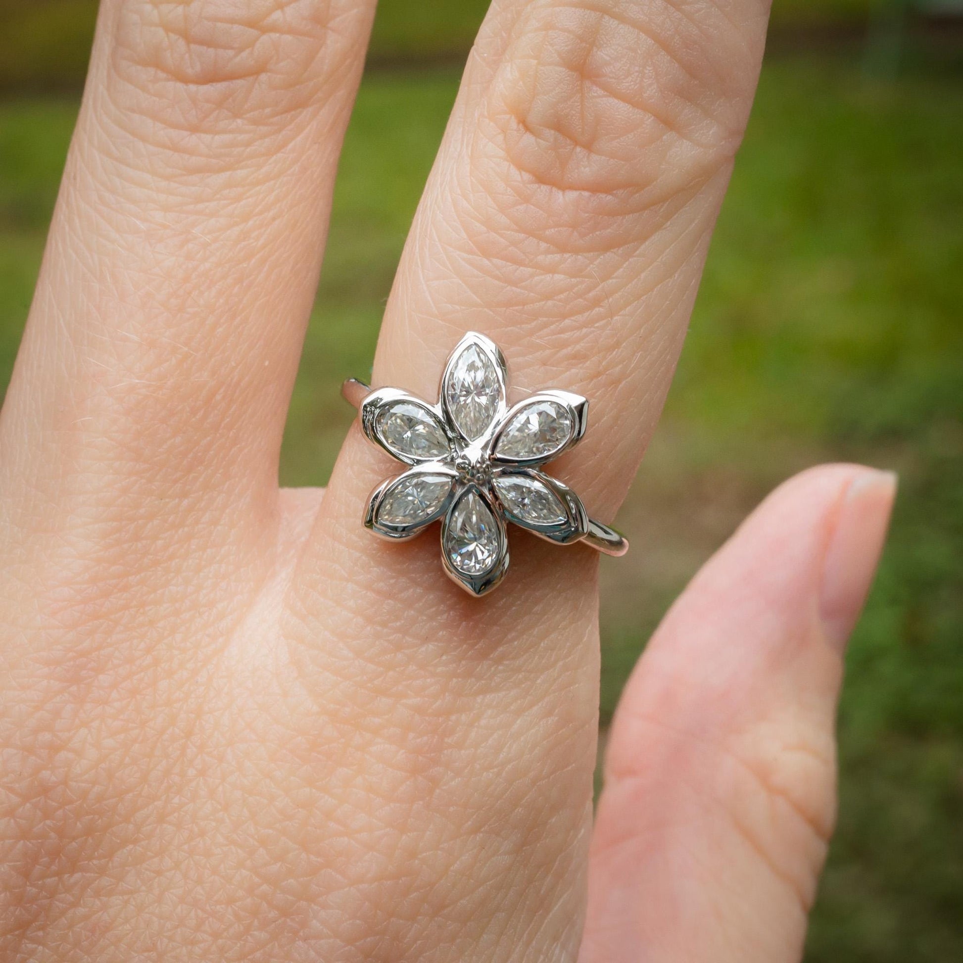 Diamond Daisy Flower Engagement Ring, 6 marquises and pear-shaped petals with solid gold or silver