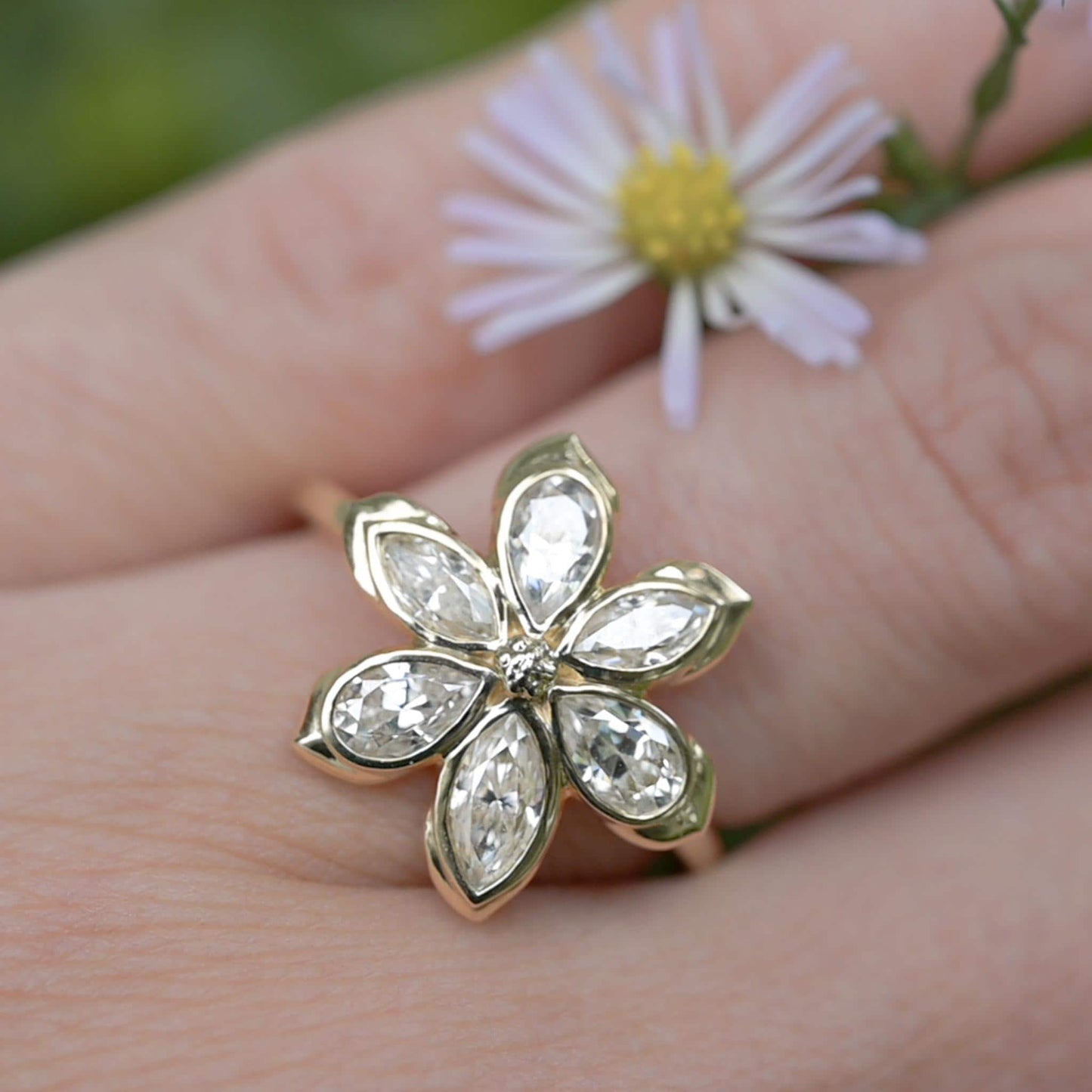 Diamond Daisy Flower Engagement Ring, 6 marquises and pear-shaped petals with solid gold or silver