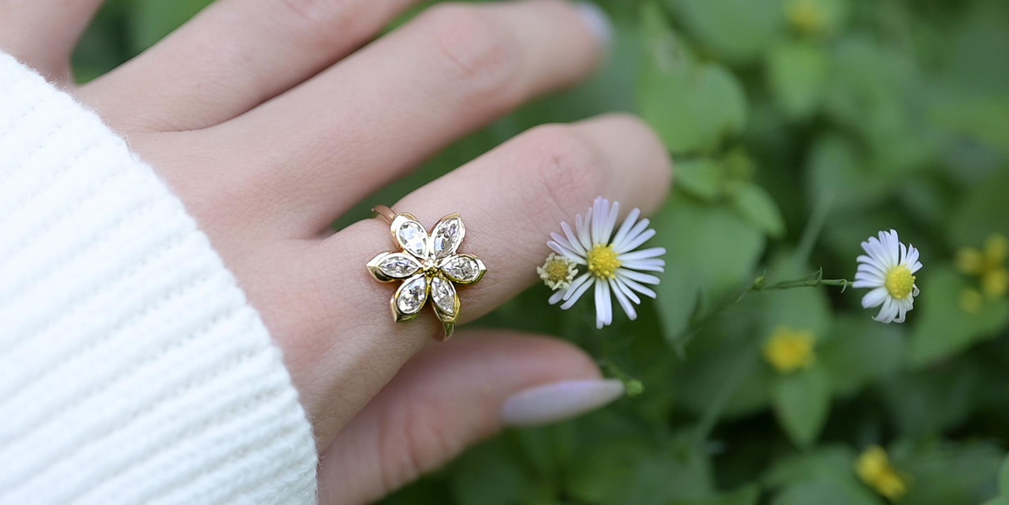 Diamond Daisy Flower Engagement Ring, 6 marquises and pear-shaped petals with solid gold or silver