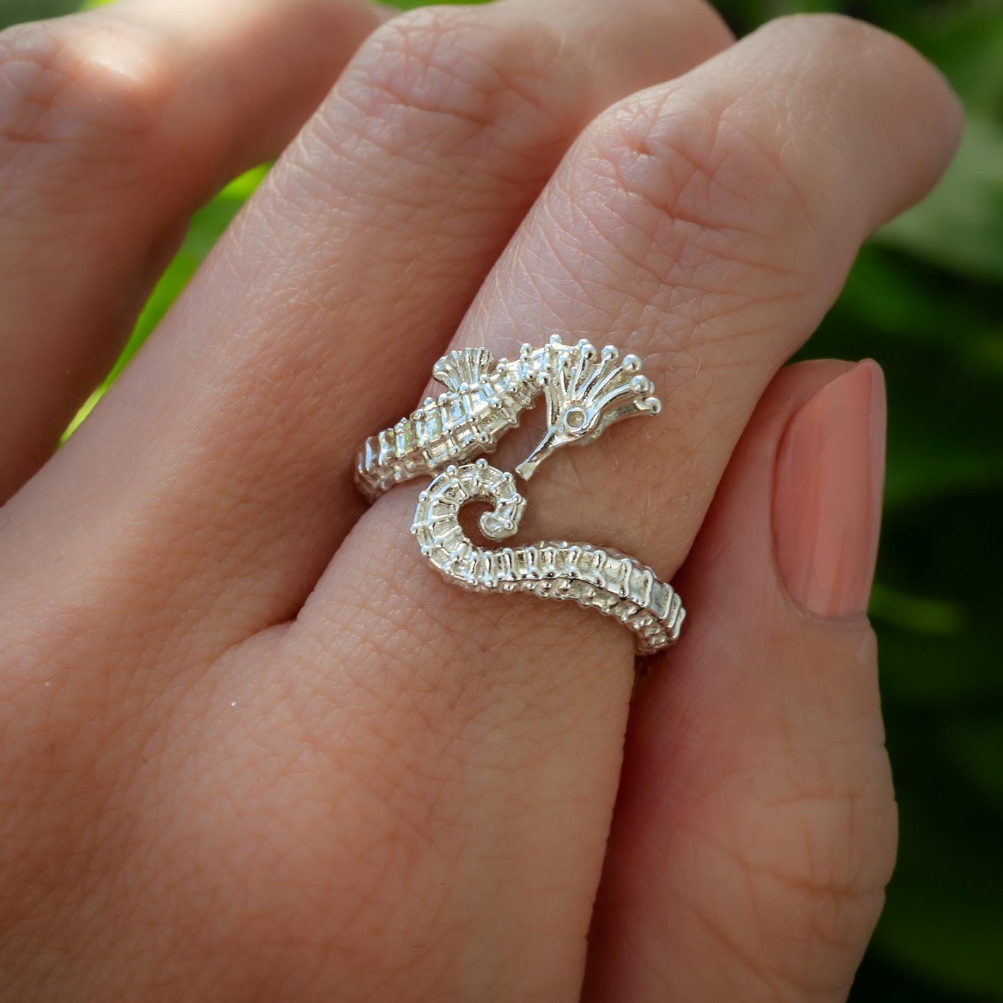 3D Seahorse Ring in 14k Extra-thick gold Plate or Solid Silver, Adjustable Realistic