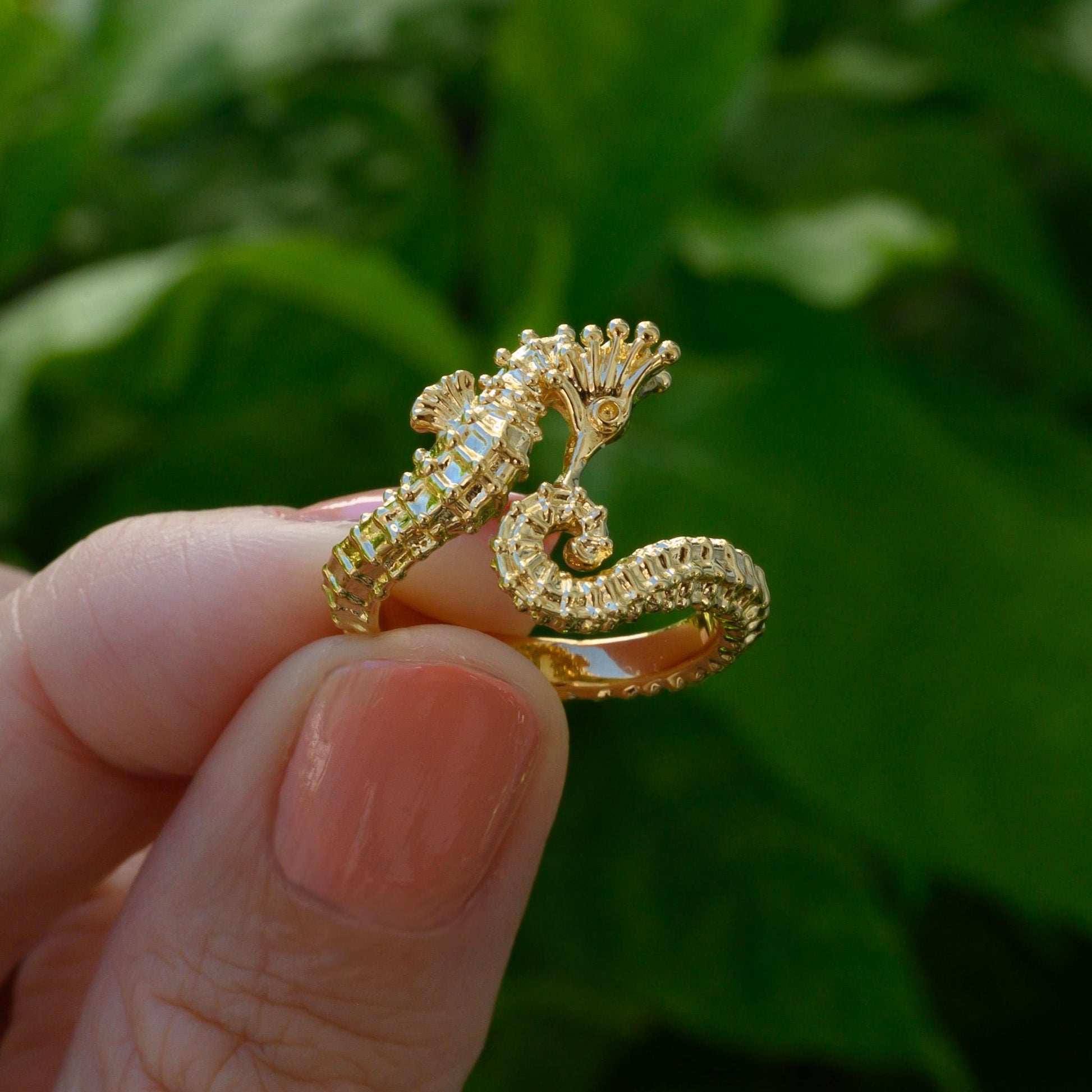 3D Seahorse Ring in 14k Extra-thick gold Plate or Solid Silver, Adjustable Realistic