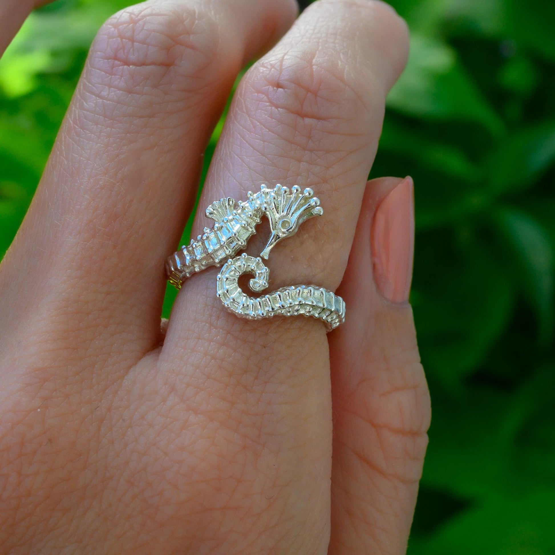 3D Seahorse Ring in 14k Extra-thick gold Plate or Solid Silver, Adjustable Realistic