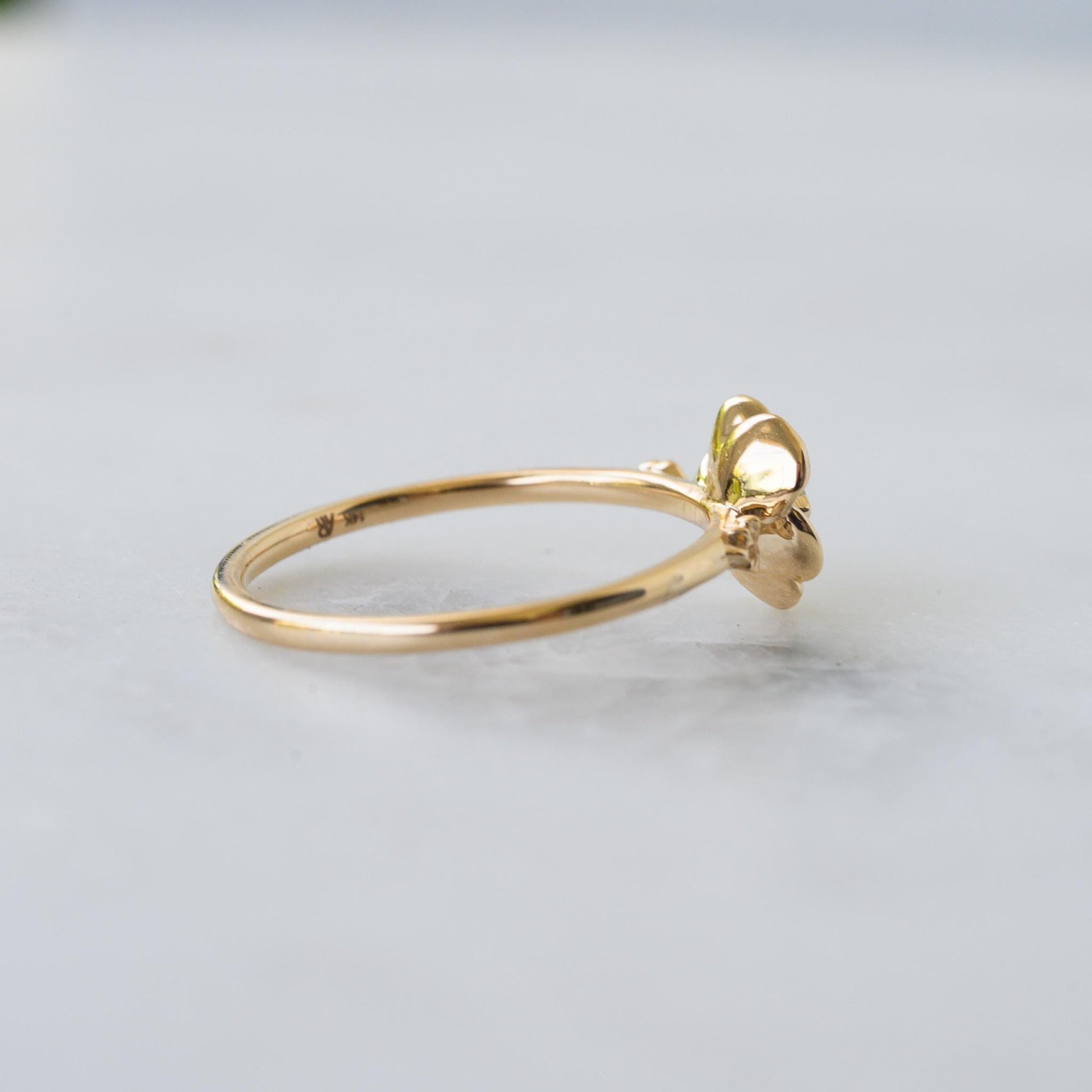 14K Solid Gold Poppy Ring: Dainty Peridot Floral Ring, Size 6