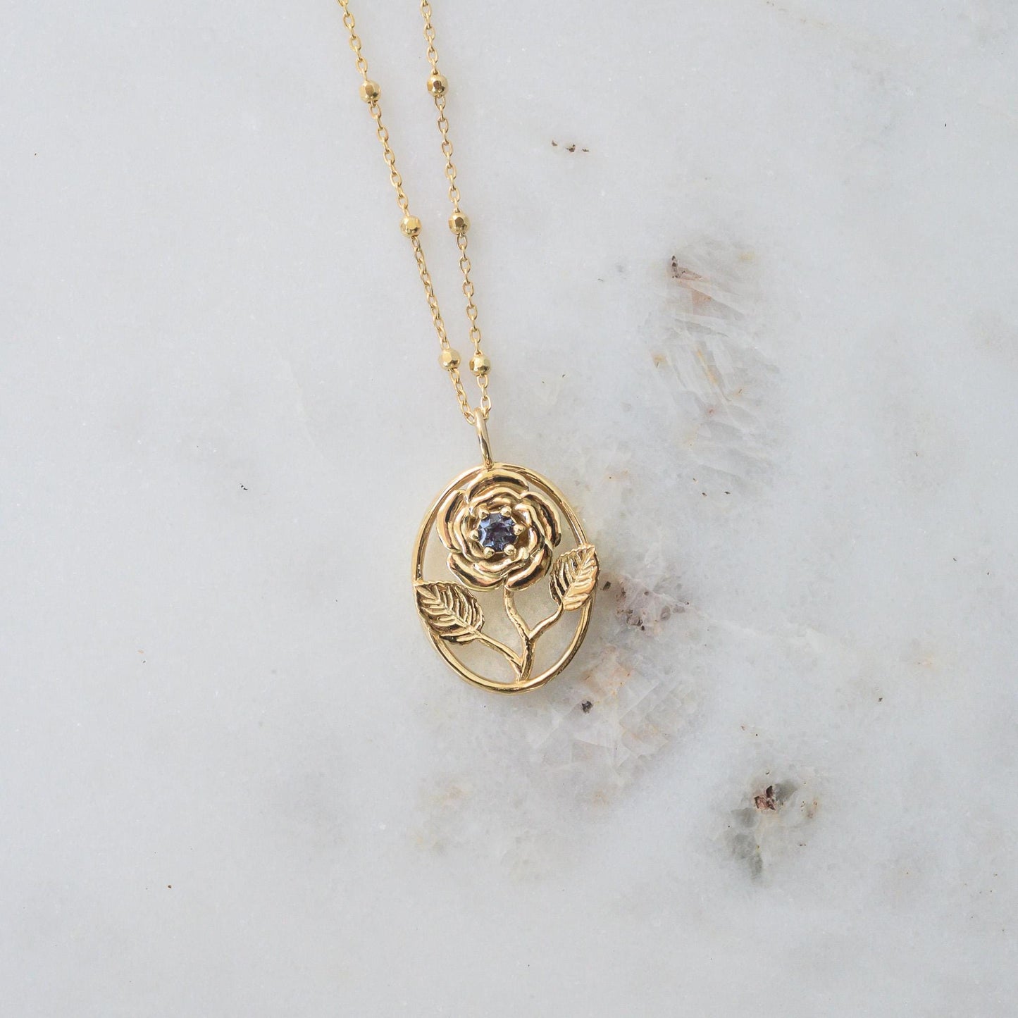 14K Gold Alexandrite Rose Necklace