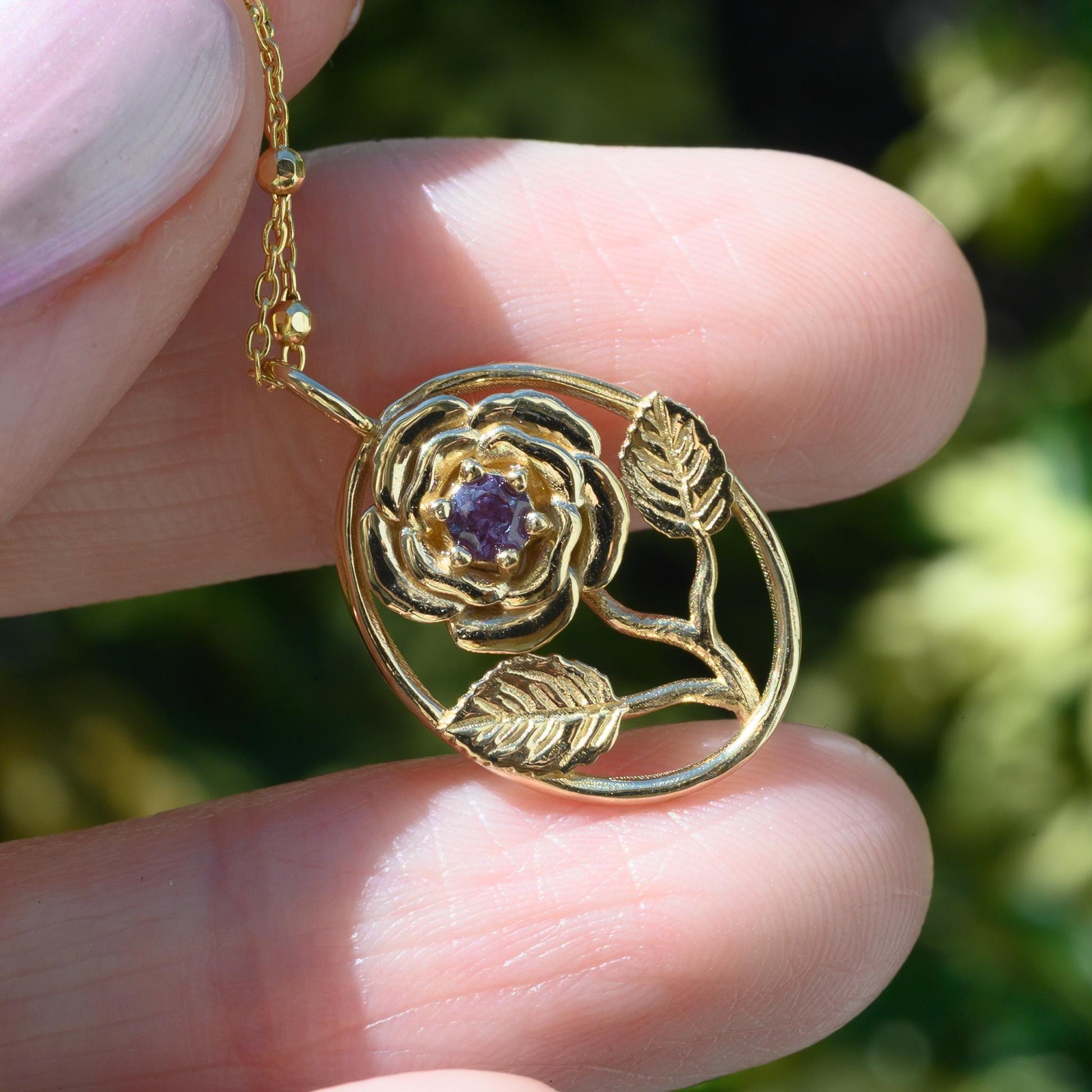 14K Gold Alexandrite Rose Necklace