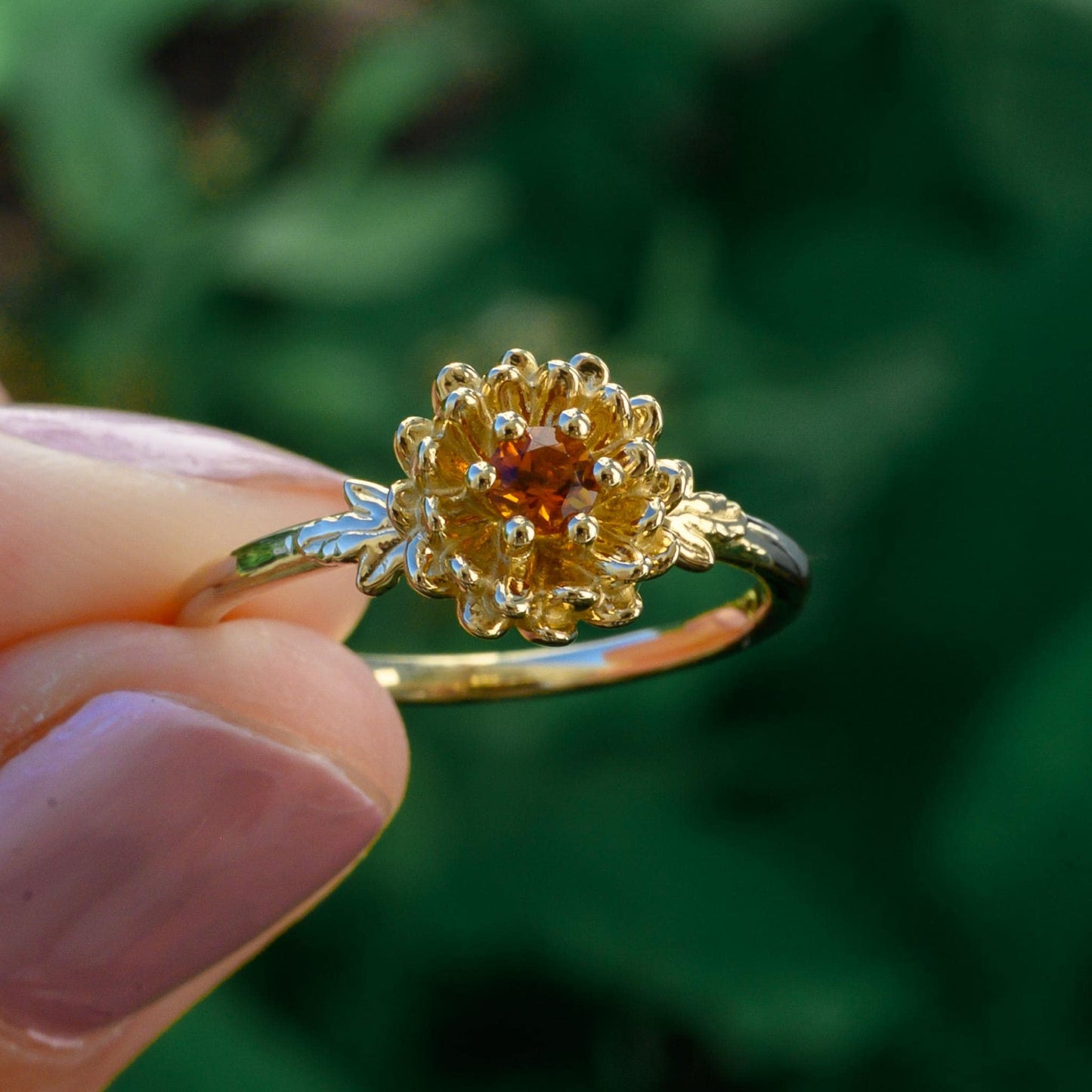 Chrysanthemum Ring: Citrine Birthstone, 14k Gold or Sterling Silver-Size 6