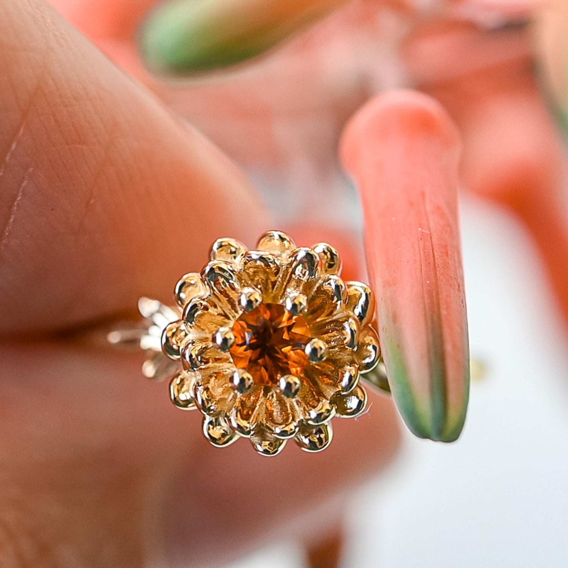 Chrysanthemum Ring: Citrine Birthstone, 14k Gold or Sterling Silver-Size 6