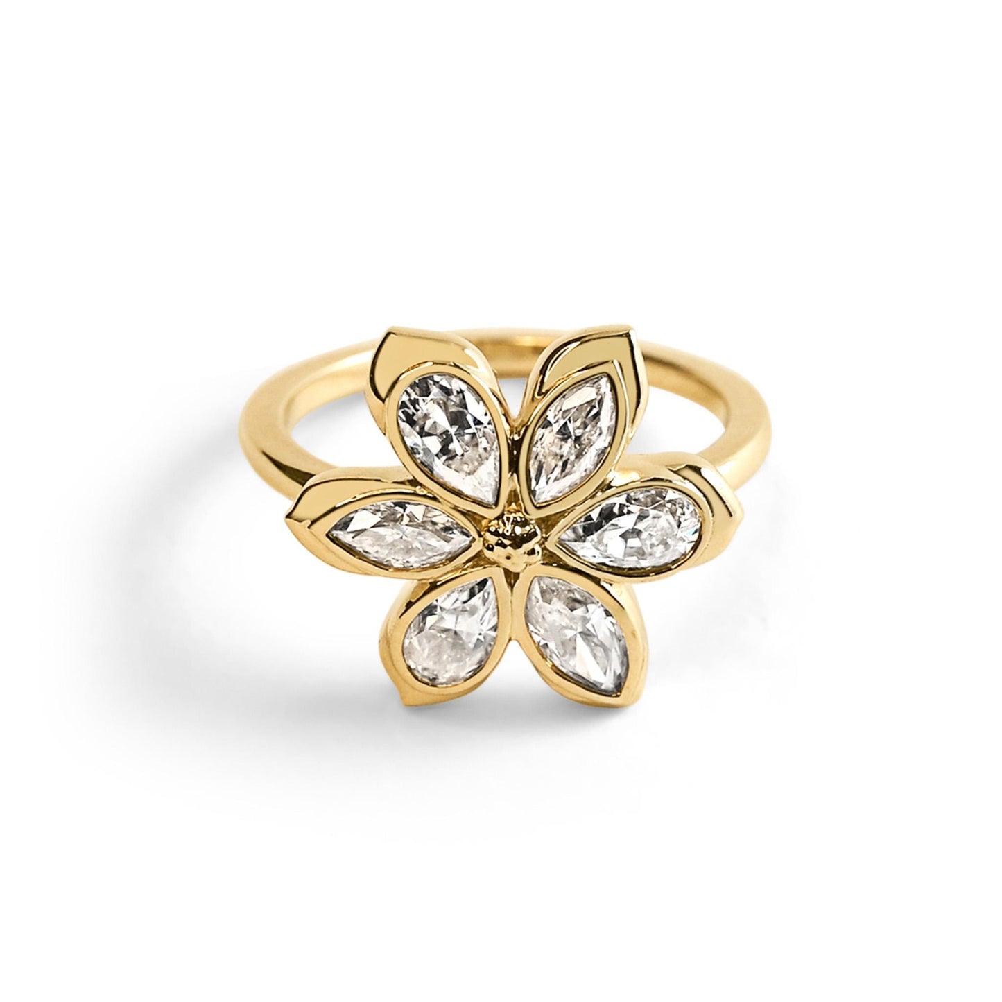 Moissanite Daisy Flower Engagement Ring, 6 marquises and pear-shaped petals with solid gold