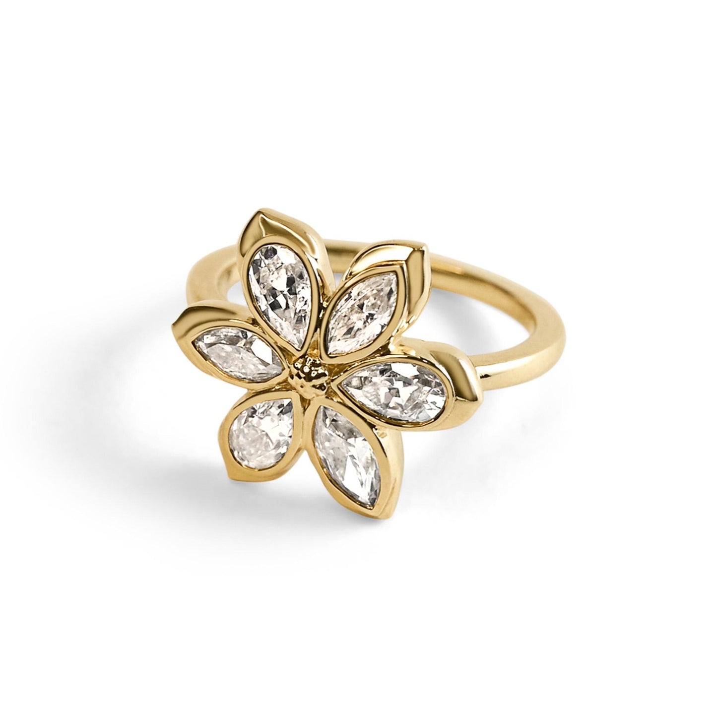 Diamond Daisy Flower Engagement Ring, 6 marquises and pear-shaped petals with solid gold or silver