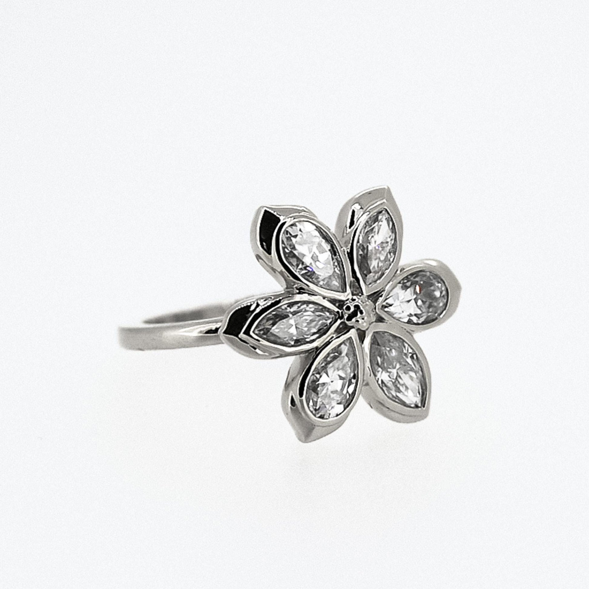 Diamond Daisy Flower Engagement Ring, 6 marquises and pear-shaped petals with solid gold or silver