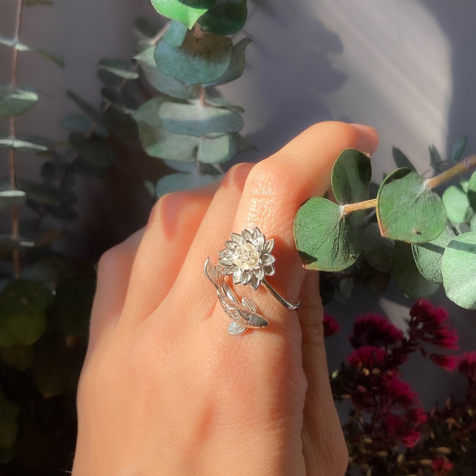 Waterlily Koi Adjustable Ring: Sterling Silver or Gold Plate Lotus Flower