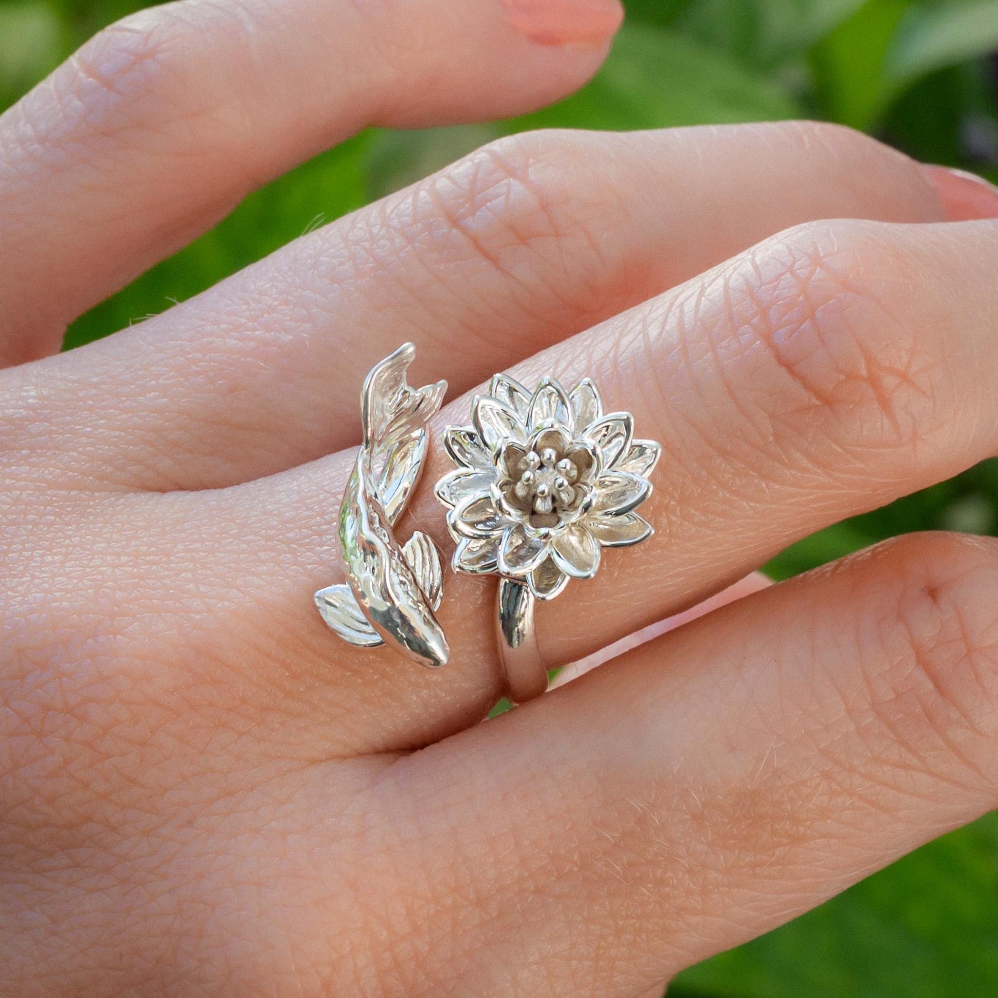 Waterlily Koi Adjustable Ring: Sterling Silver or Gold Plate Lotus Flower