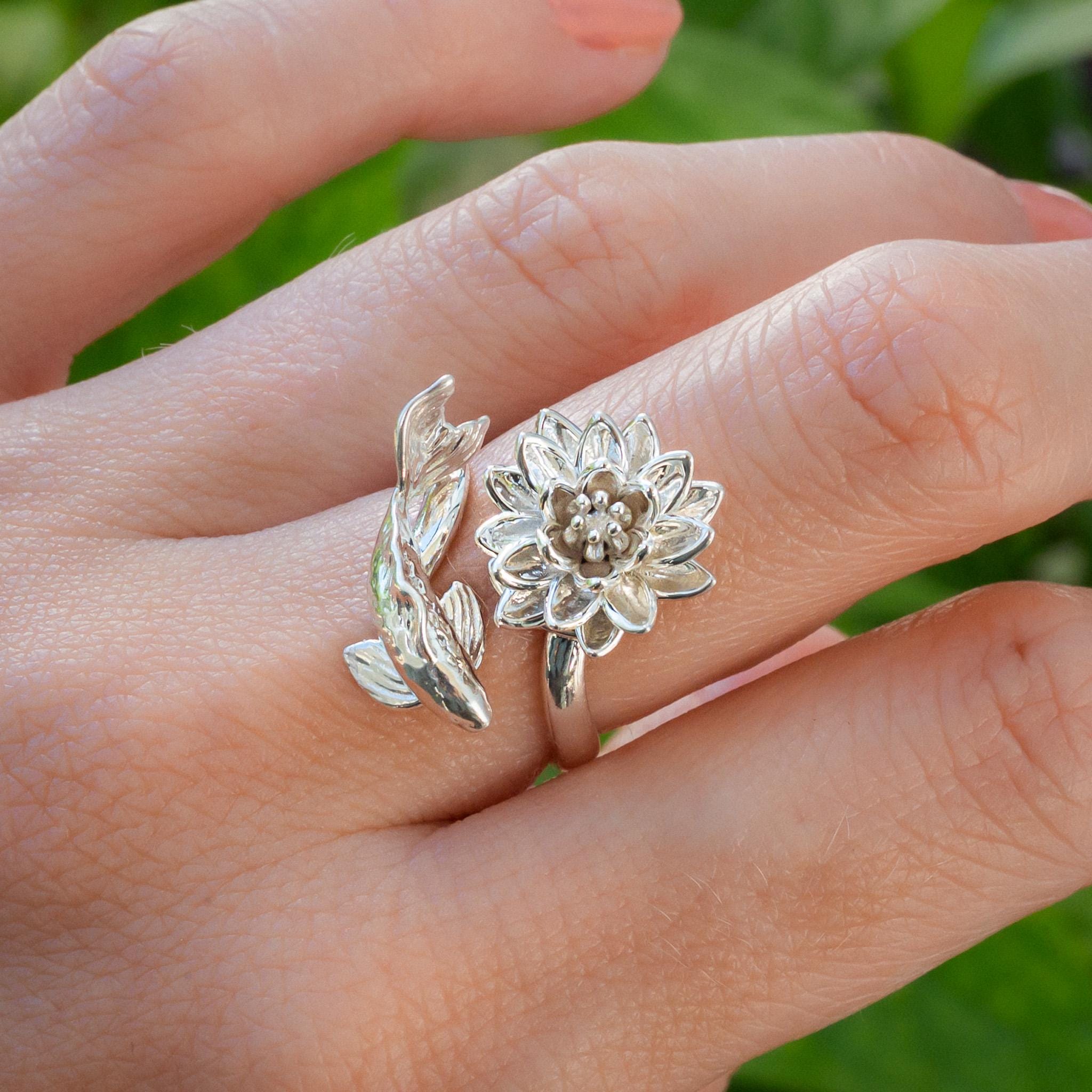 Waterlily Koi Adjustable Ring: Sterling Silver or Gold Plate Lotus Flower