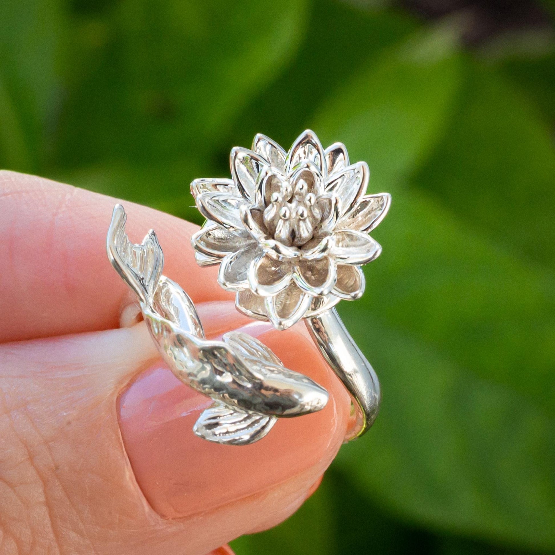 Waterlily Koi Adjustable Ring: Sterling Silver or Gold Plate Lotus Flower