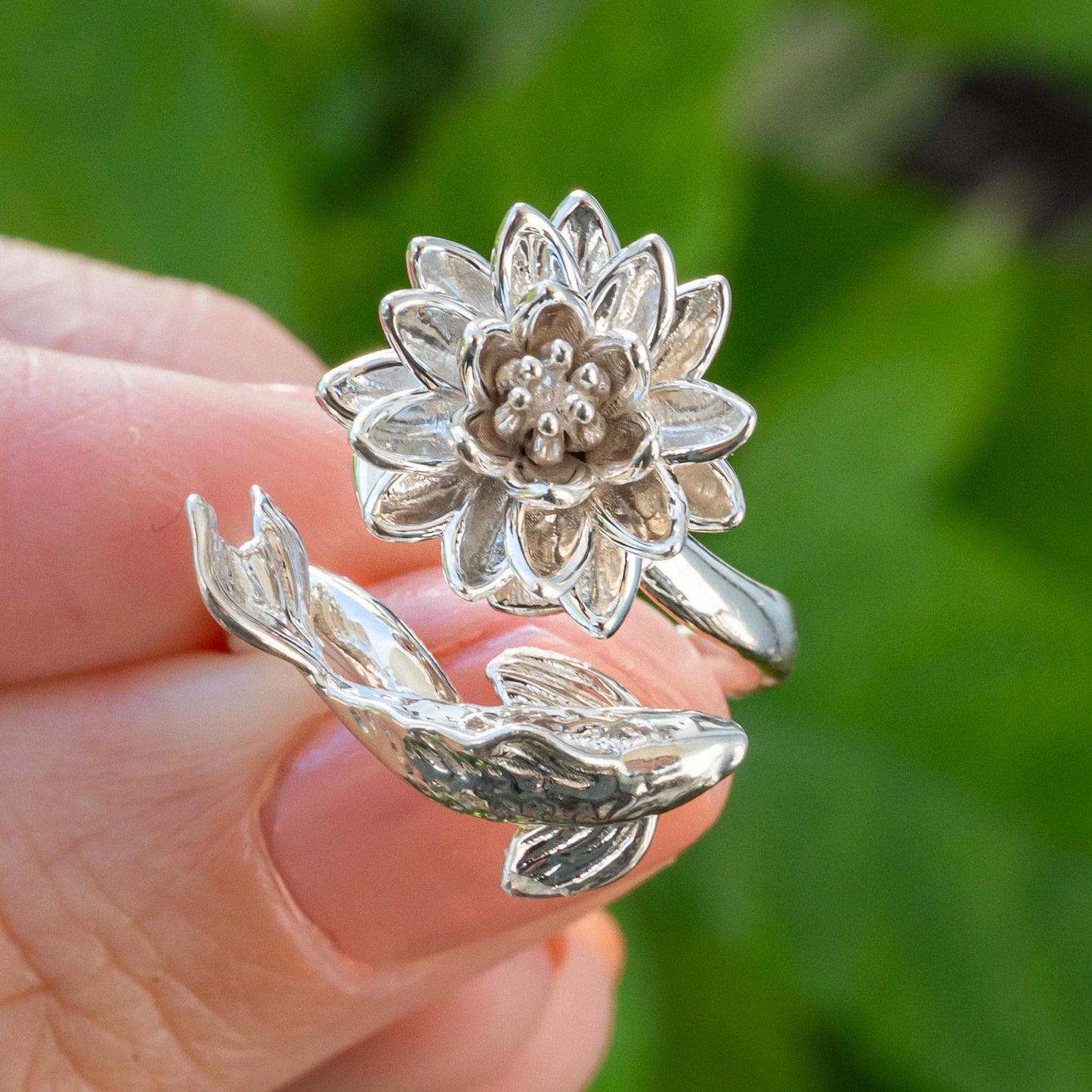Waterlily Koi Adjustable Ring: Sterling Silver or Gold Plate Lotus Flower