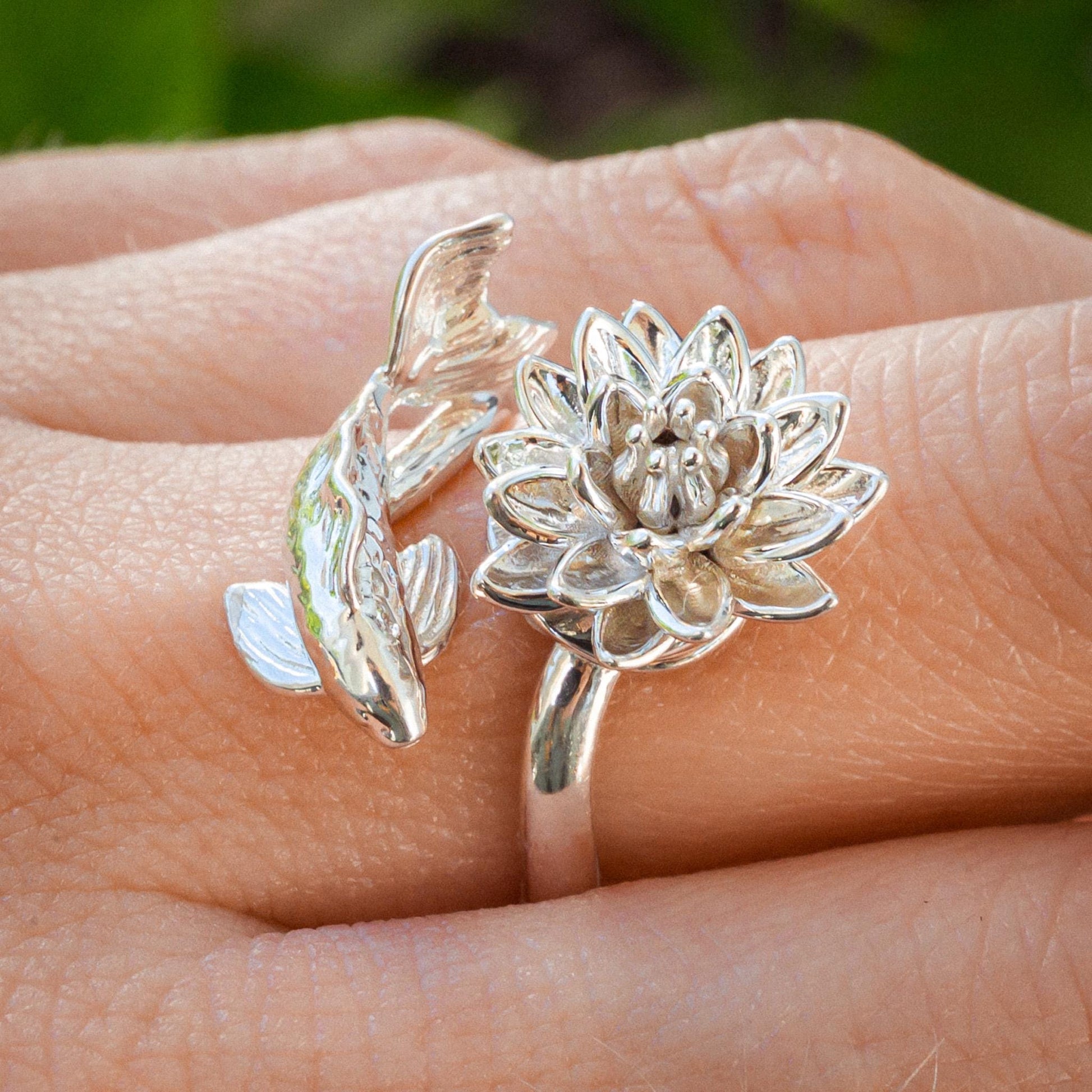 Waterlily Koi Adjustable Ring: Sterling Silver or Gold Plate Lotus Flower