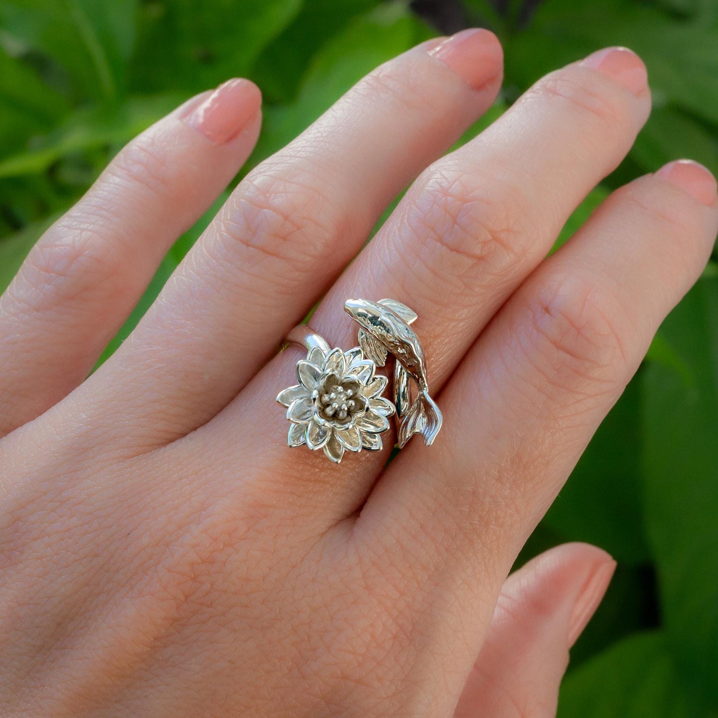 Waterlily Koi Adjustable Ring: Sterling Silver or Gold Plate Lotus Flower