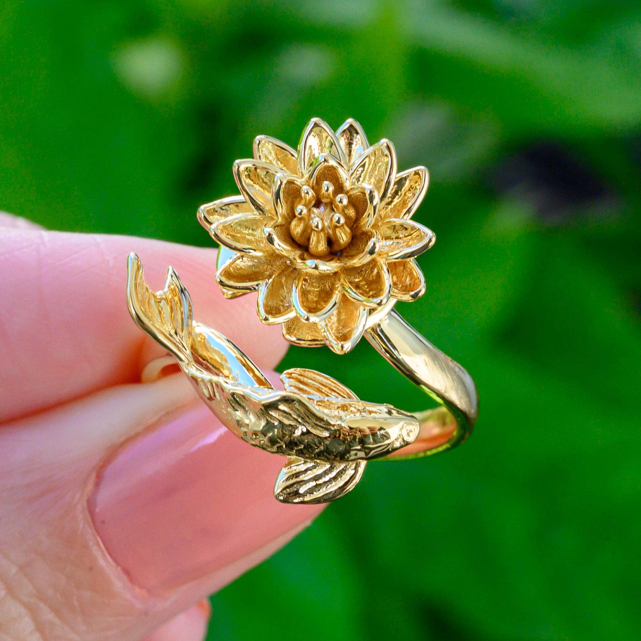 Waterlily Koi Adjustable Ring: Sterling Silver or Gold Plate Lotus Flower