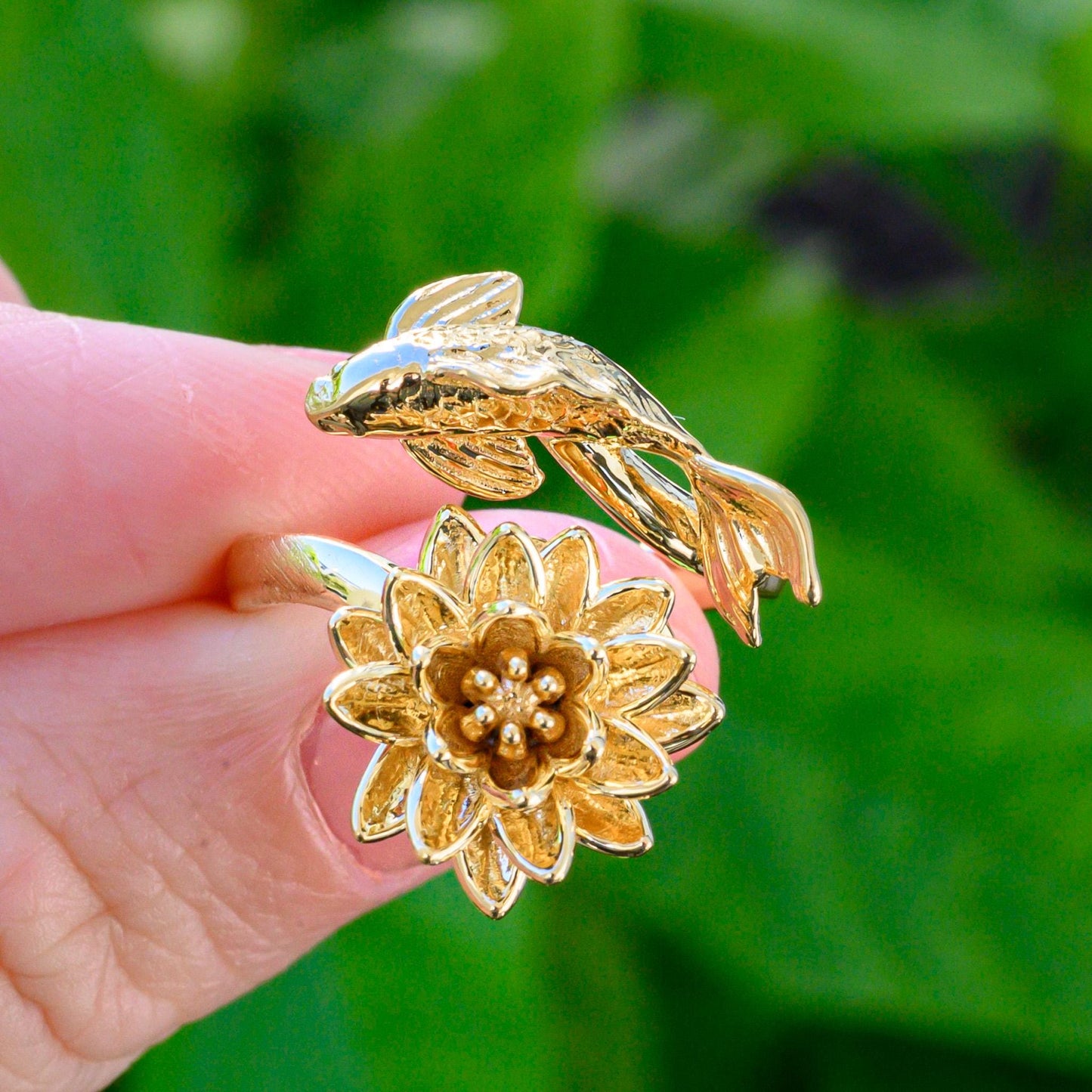 Waterlily Koi Adjustable Ring: Sterling Silver or Gold Plate Lotus Flower