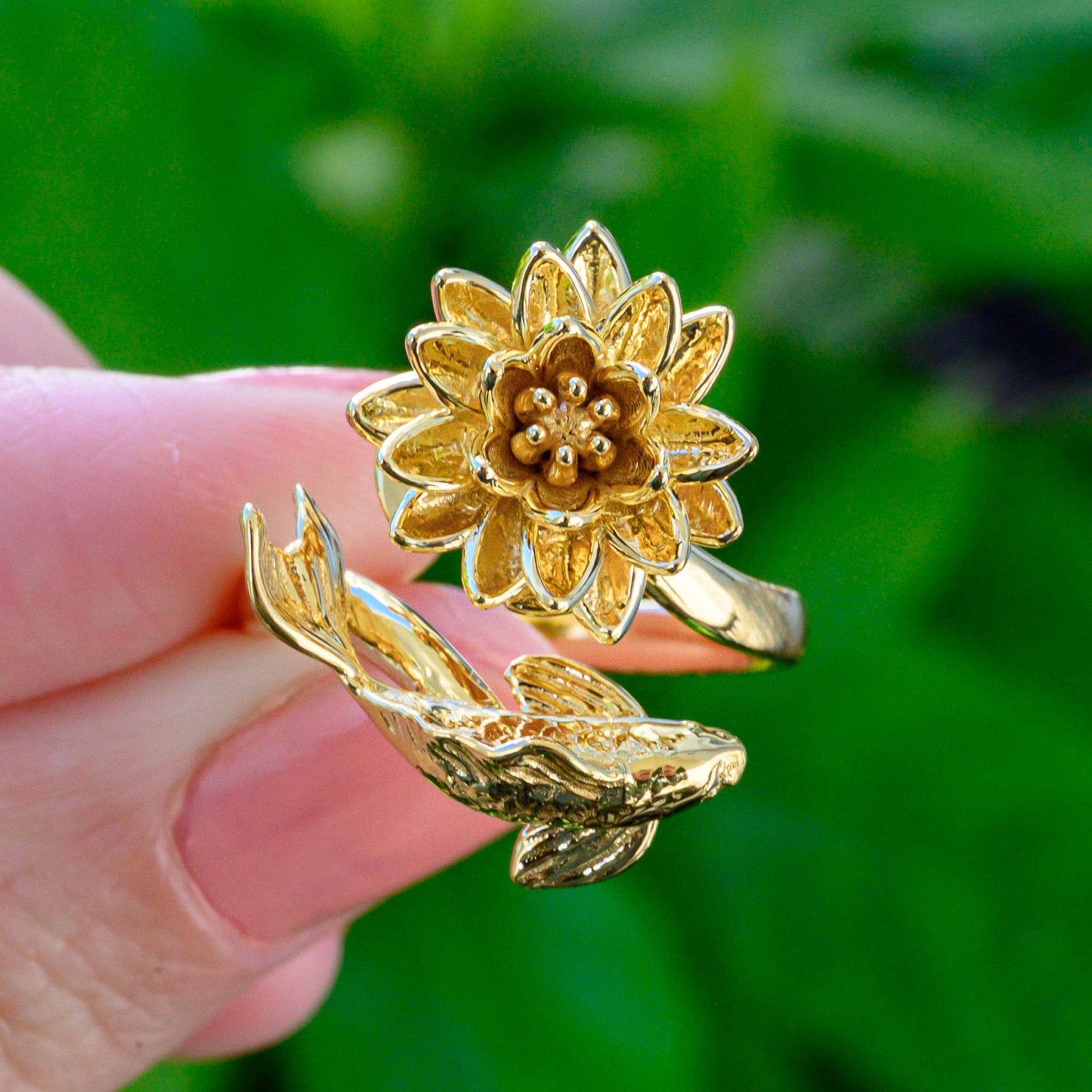 Waterlily Koi Adjustable Ring: Sterling Silver or Gold Plate Lotus Flower