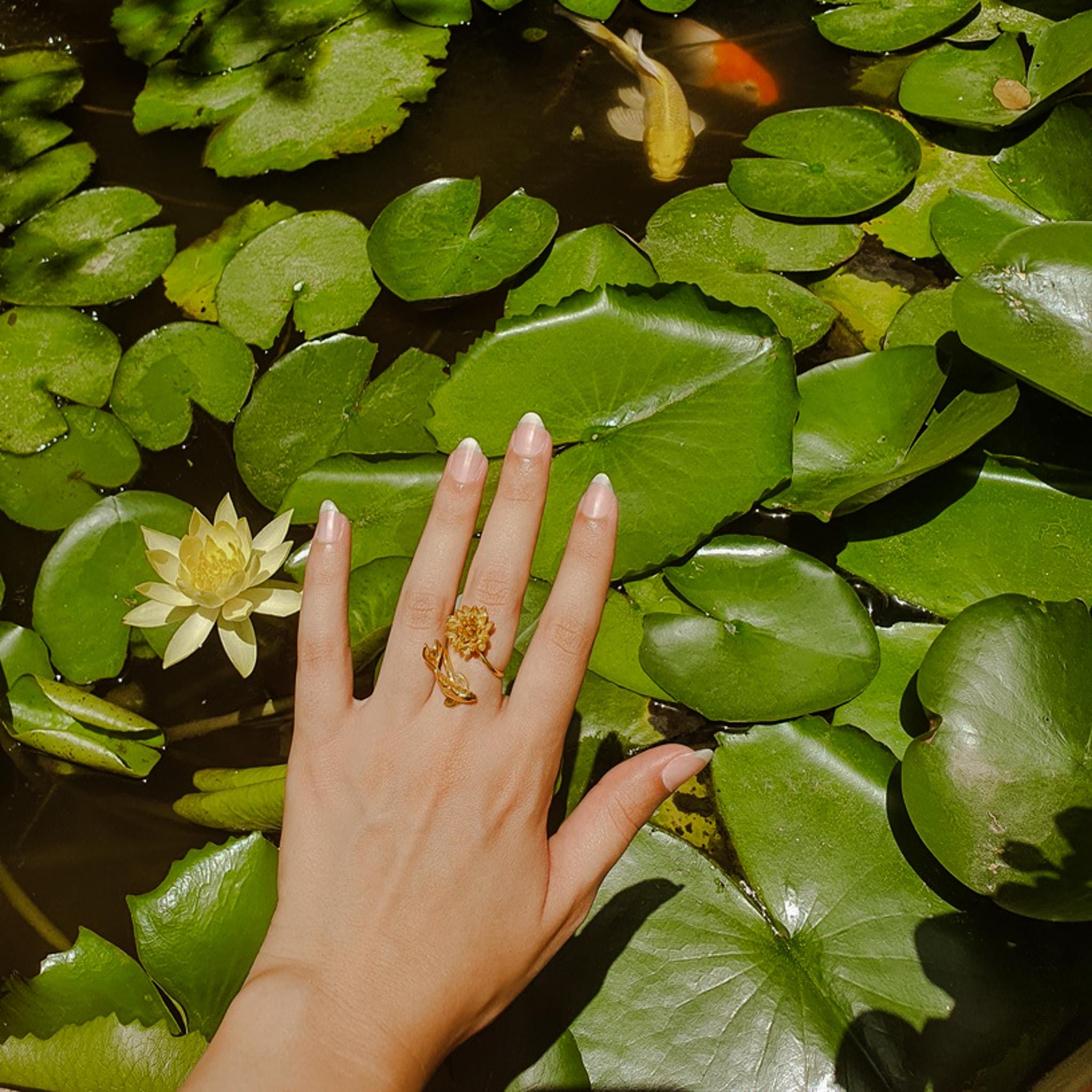 Waterlily Koi Adjustable Ring: Sterling Silver or Gold Plate Lotus Flower