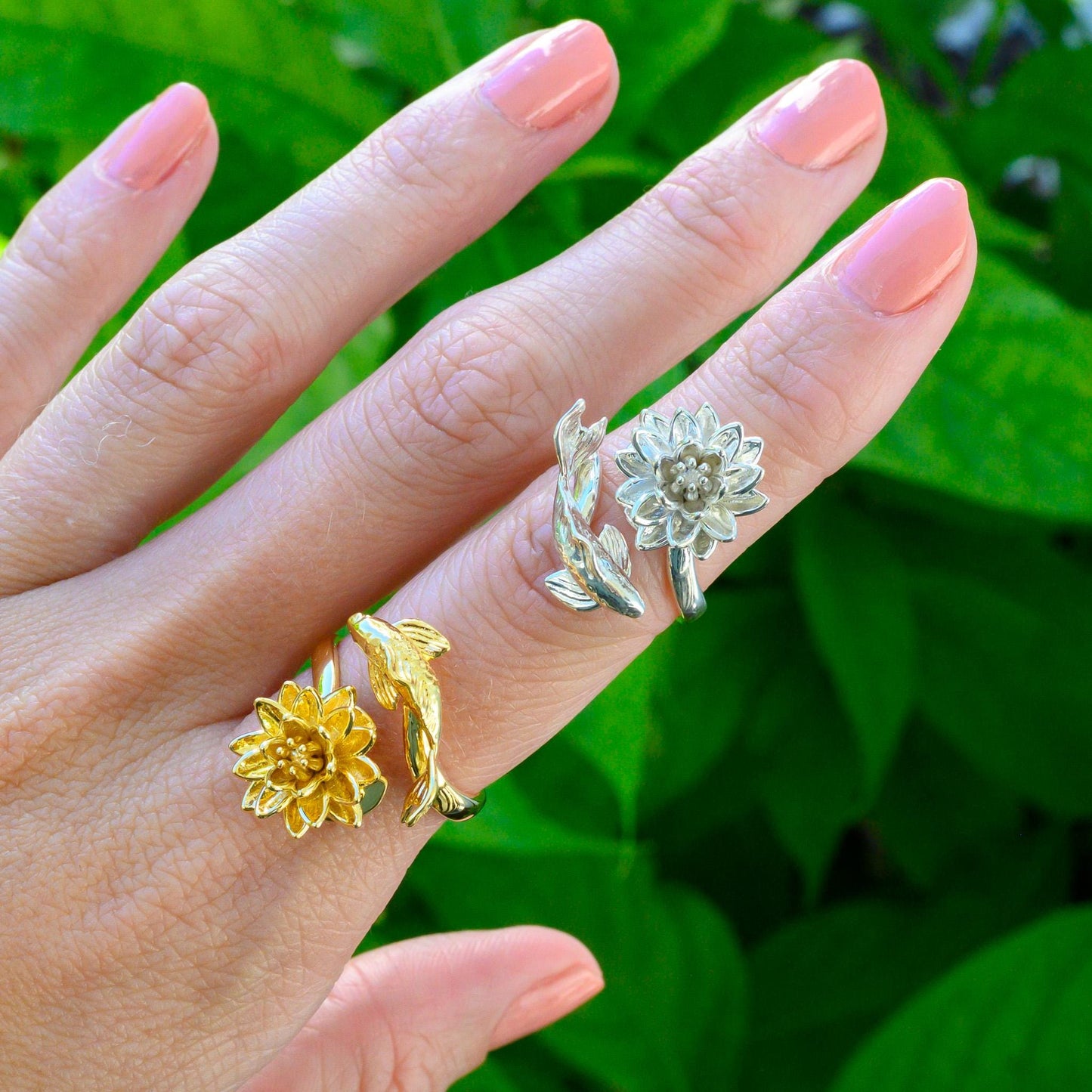 Waterlily Koi Adjustable Ring: Sterling Silver or Gold Plate Lotus Flower