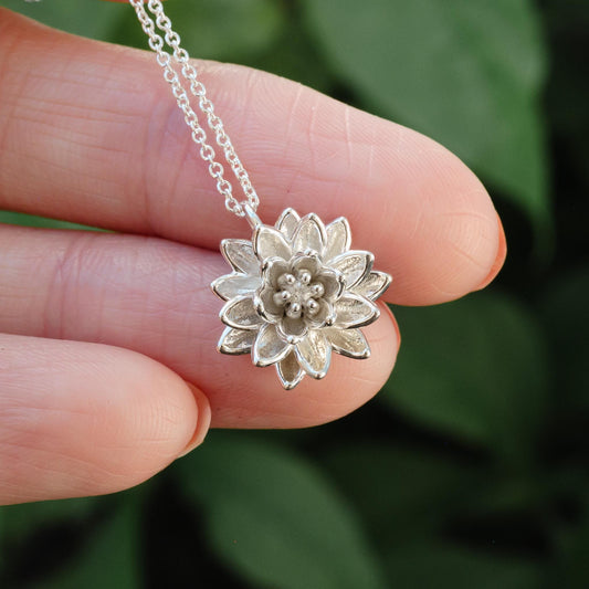 Lotus Pendant Necklace: Solid 14K Gold or Sterling Silver, Vermeil