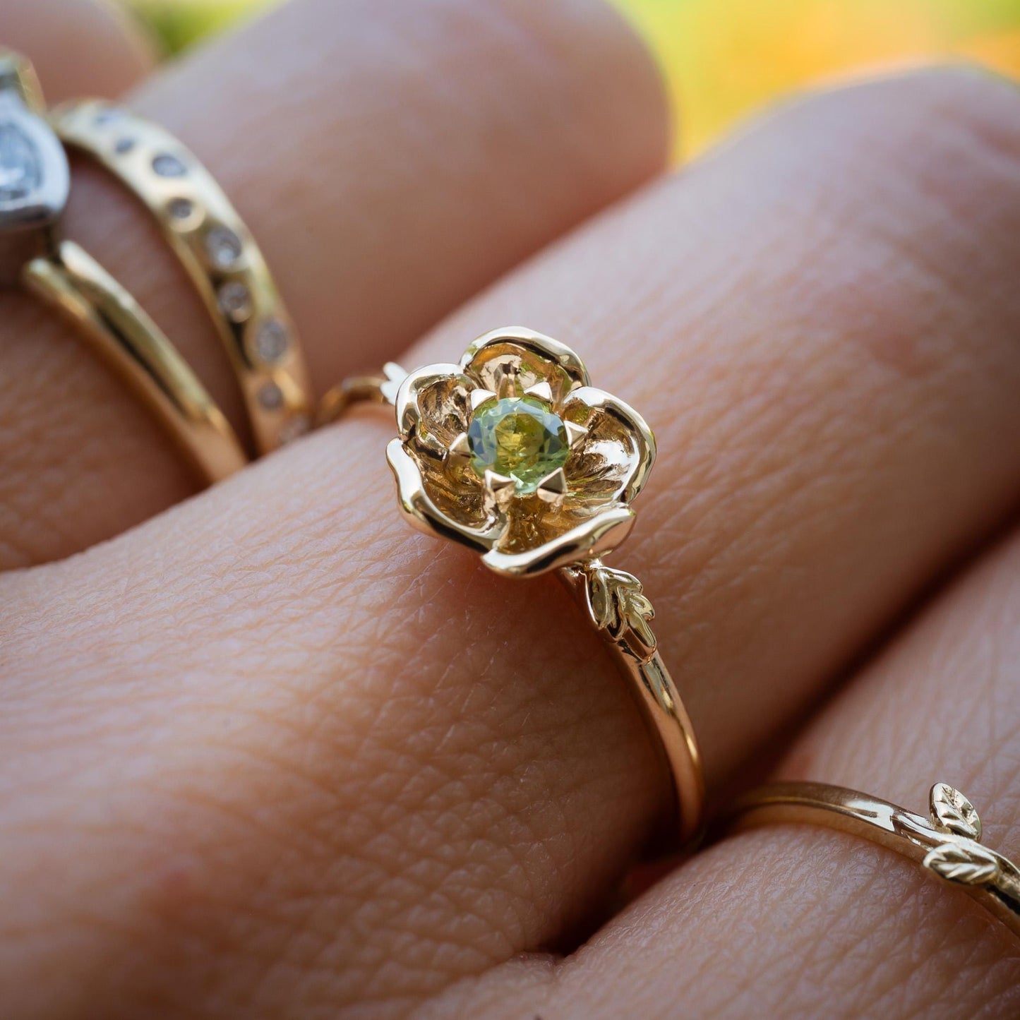 14K Solid Gold Poppy Ring: Dainty Peridot Floral Ring, Size 6
