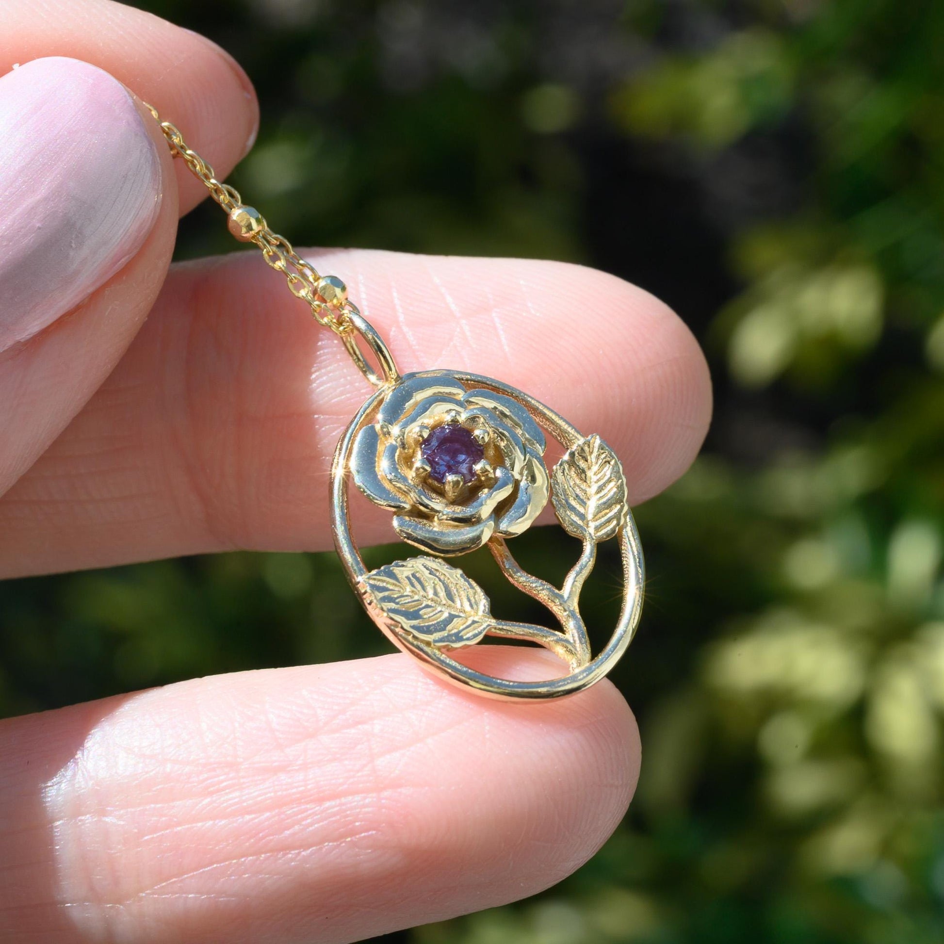 14K Gold Alexandrite Rose Necklace