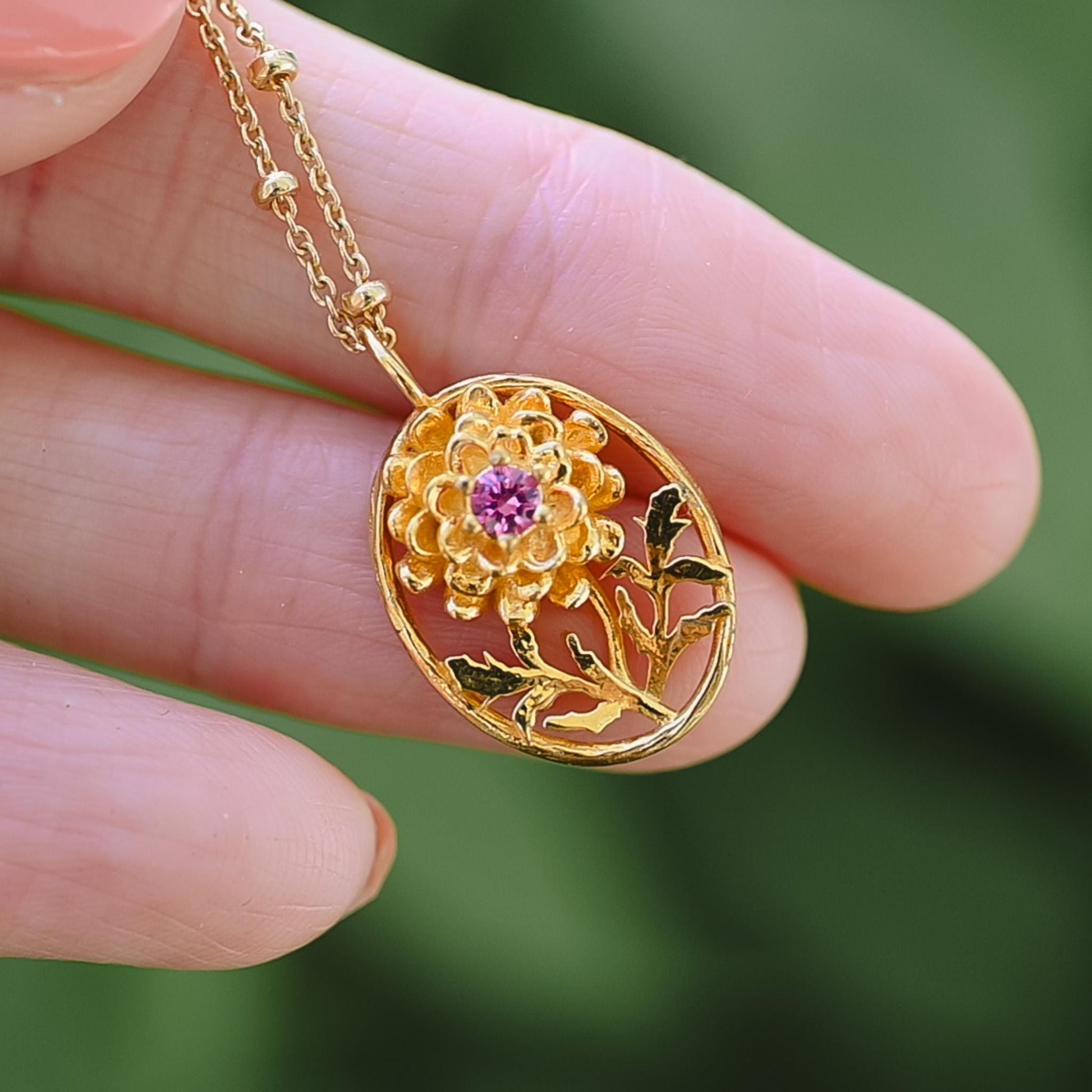 Marigold Flower Necklace - Personalized Jewelry - October Birth Month Flower Gift, 14K Gold Plate with a Beaded Gold Filled chain