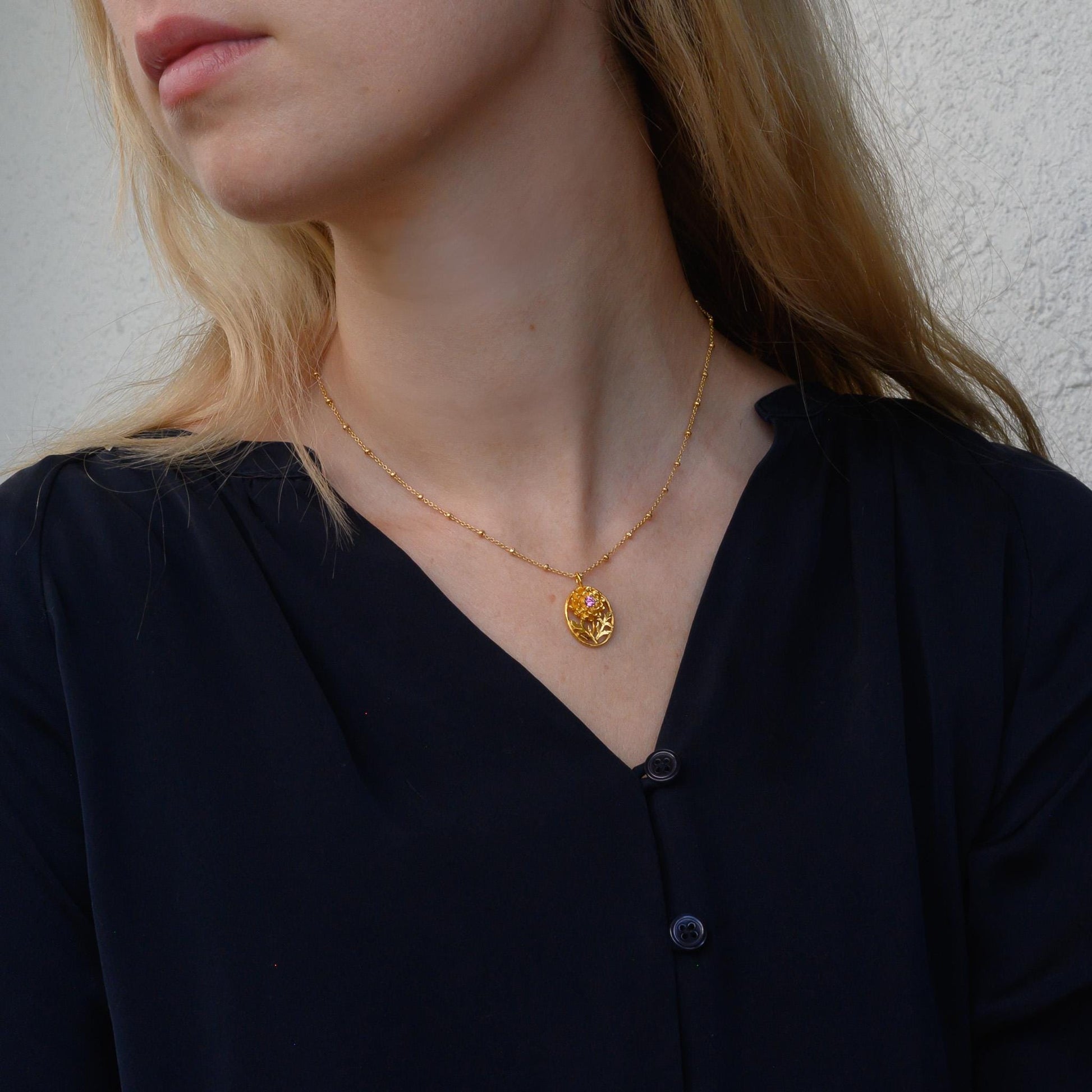 Marigold Flower Necklace - Personalized Jewelry - October Birth Month Flower Gift, 14K Gold Plate with a Beaded Gold Filled chain