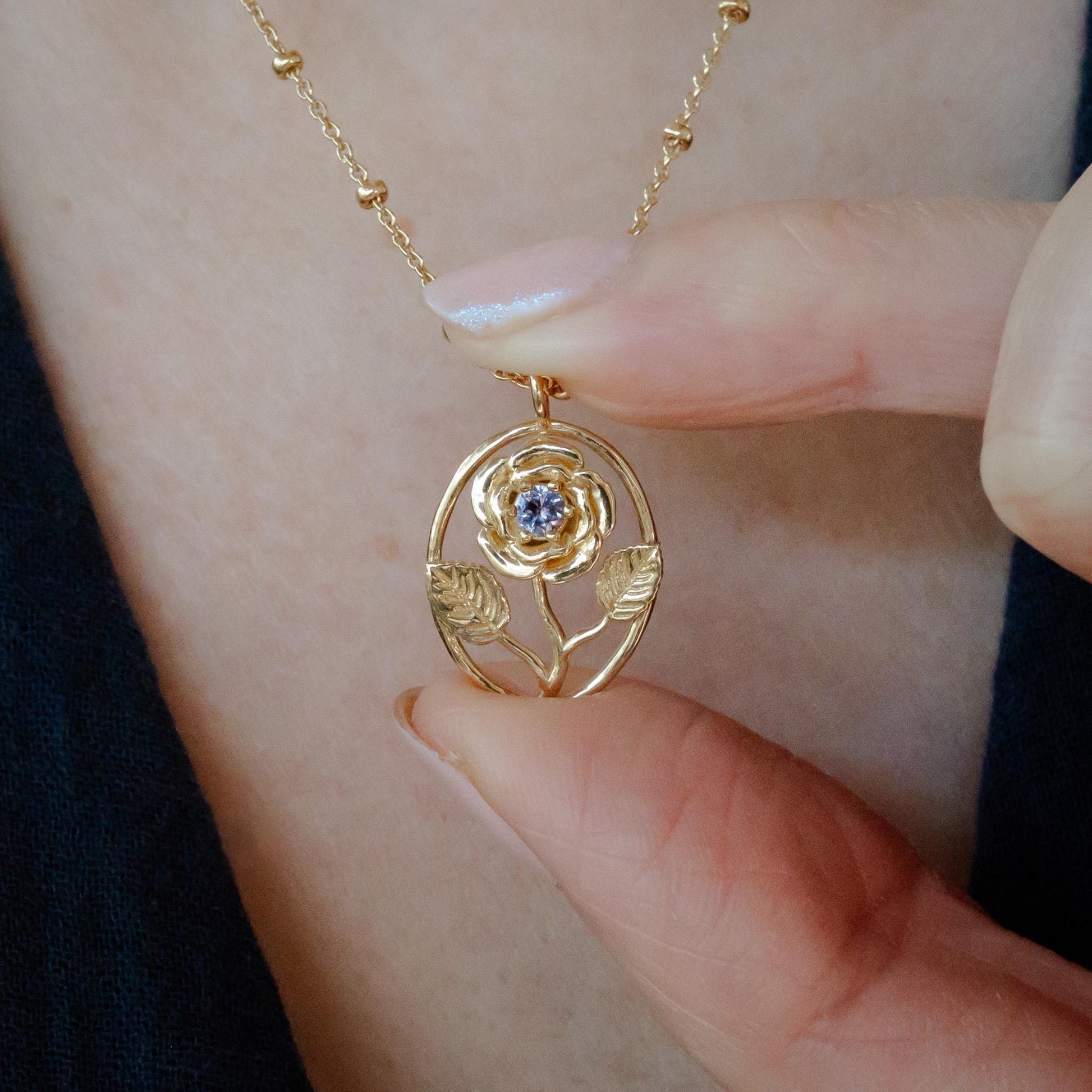 Rose Flower Necklace - Personalized Jewelry - June Birth Month Flower Gift, 14K Gold Plate with a Beaded Gold Filled chain