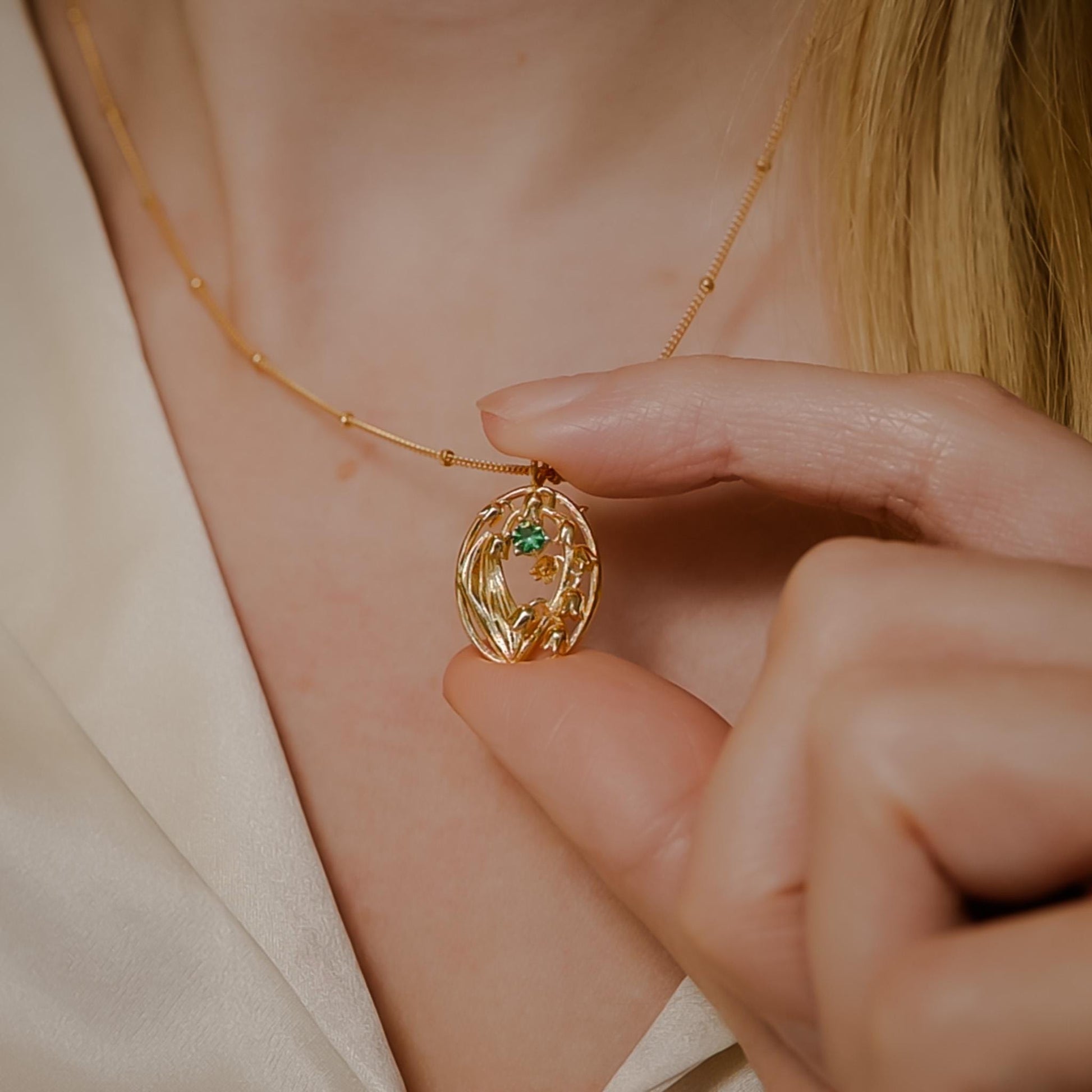 Lily of the Valley Flower Necklace - Personalized Jewelry - May Birth Month Flower Gift, 14K Gold Plate with a Beaded Gold Filled chain