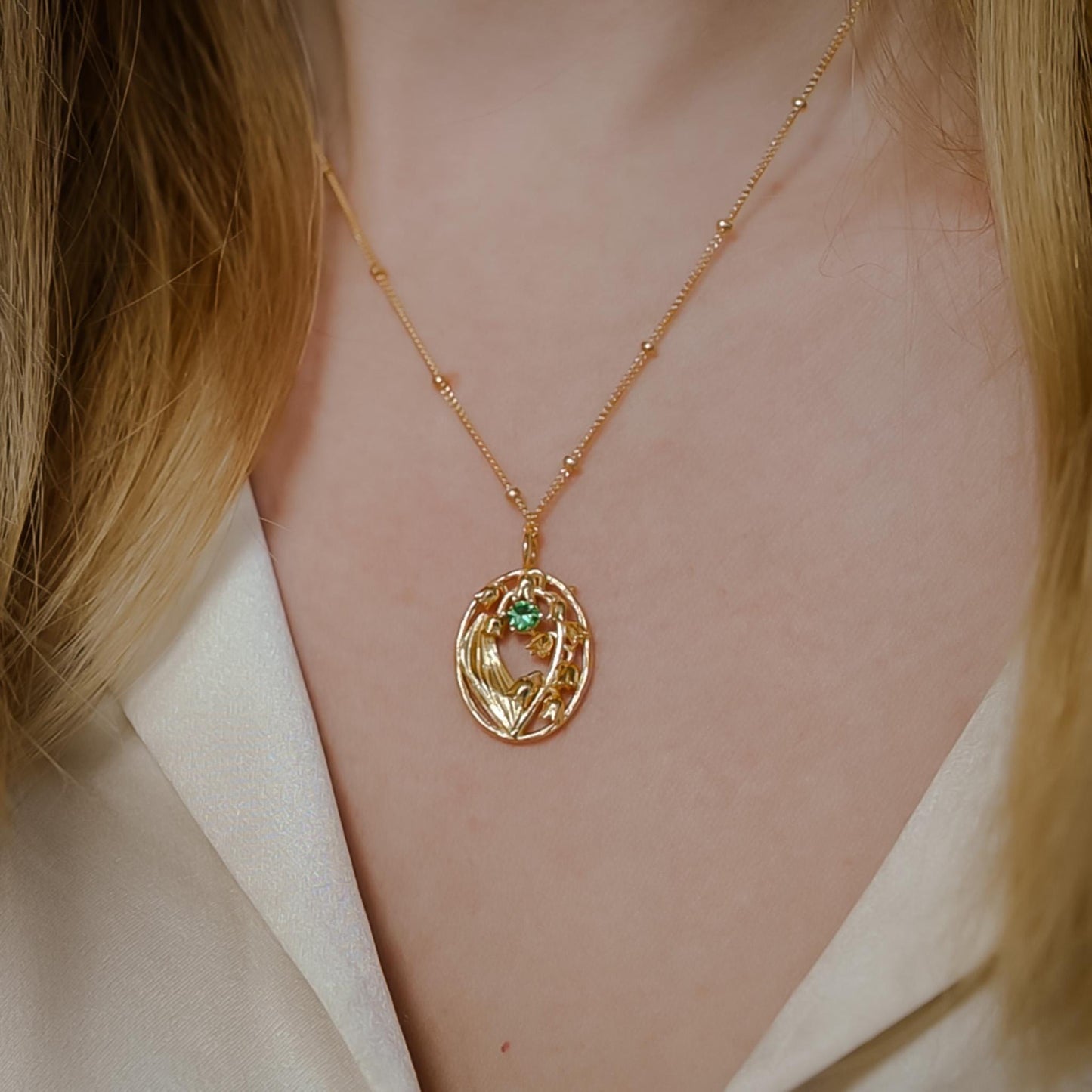 Lily of the Valley Flower Necklace - Personalized Jewelry - May Birth Month Flower Gift, 14K Gold Plate with a Beaded Gold Filled chain