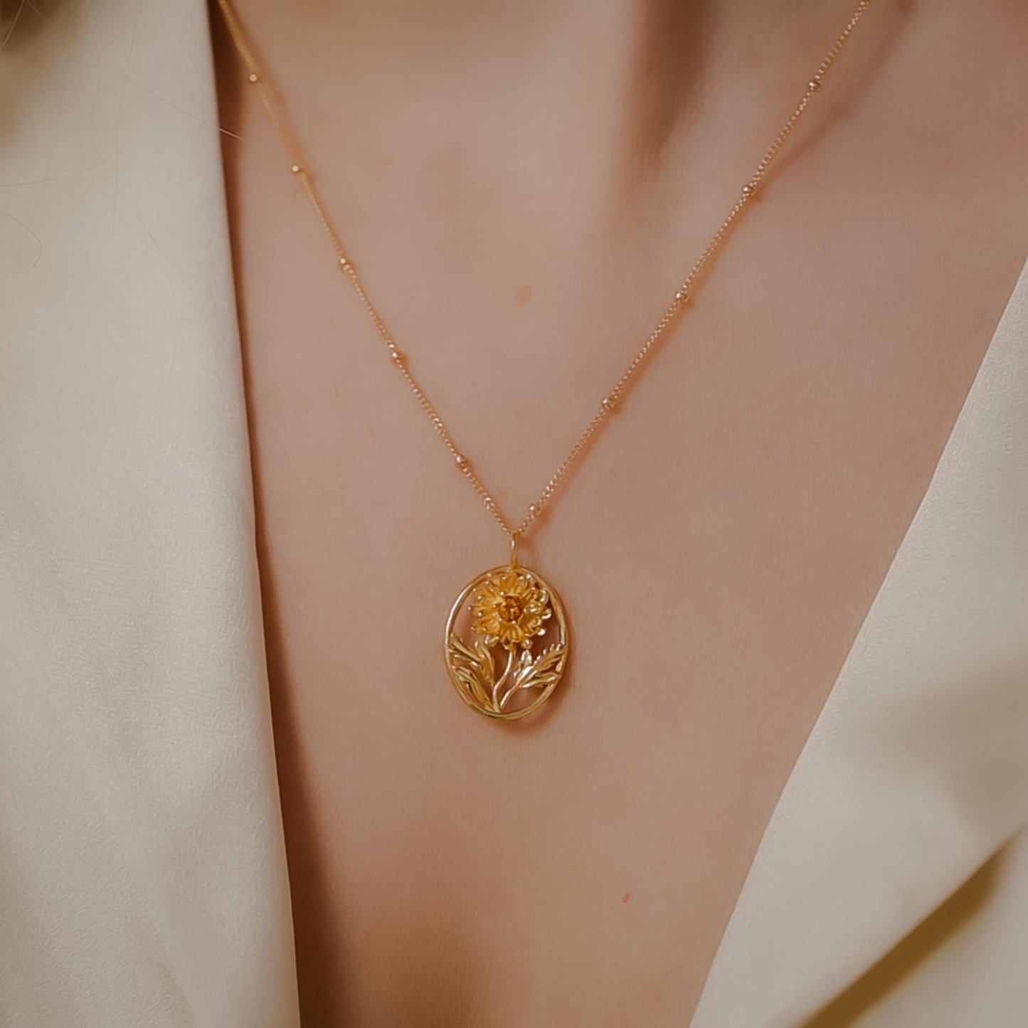 Chrysanthemum Flower Necklace - Personalized Jewelry - November Birth Month Flower Gift, 14K Gold Plate with a Beaded Gold Filled chain