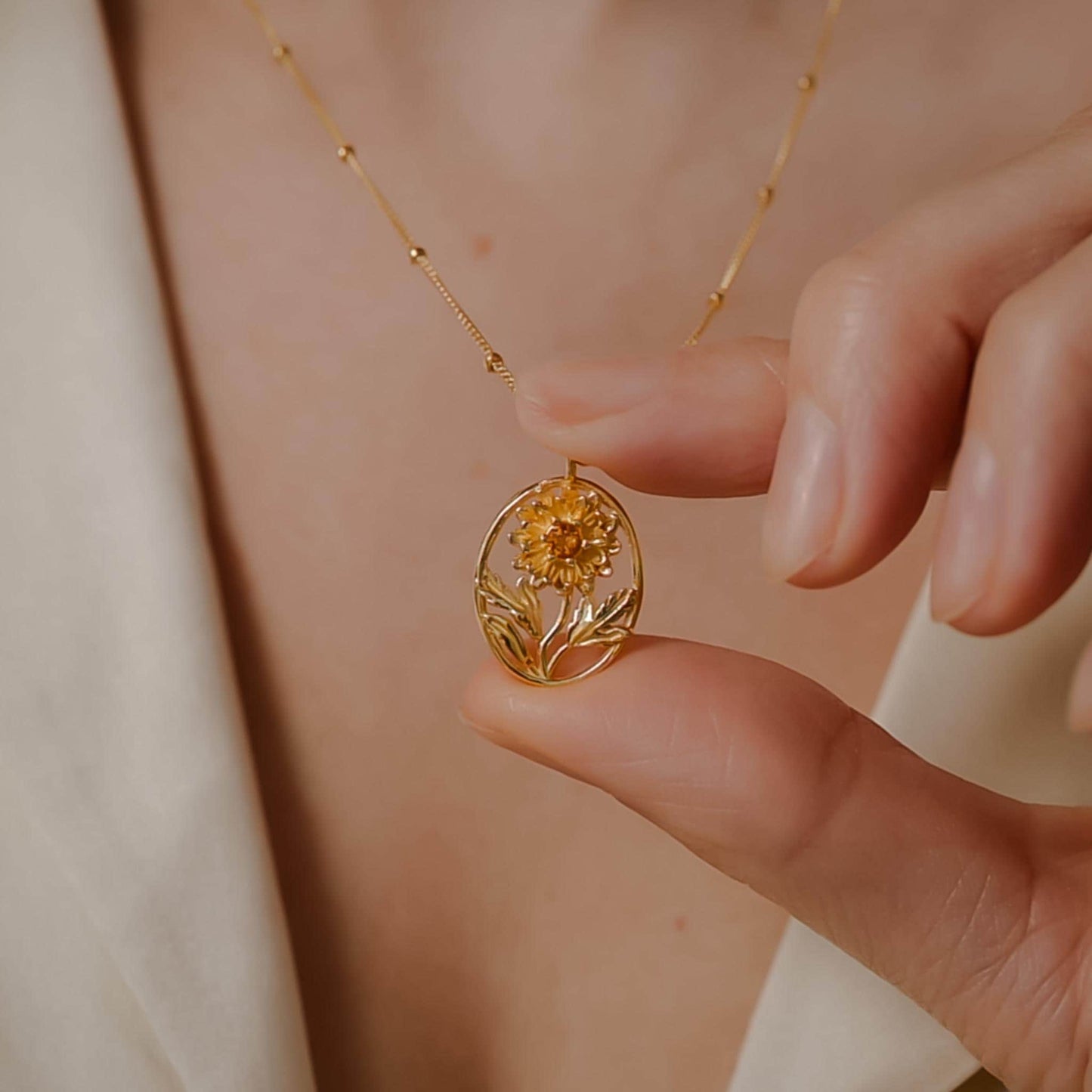 Chrysanthemum Flower Necklace - Personalized Jewelry - November Birth Month Flower Gift, 14K Gold Plate with a Beaded Gold Filled chain