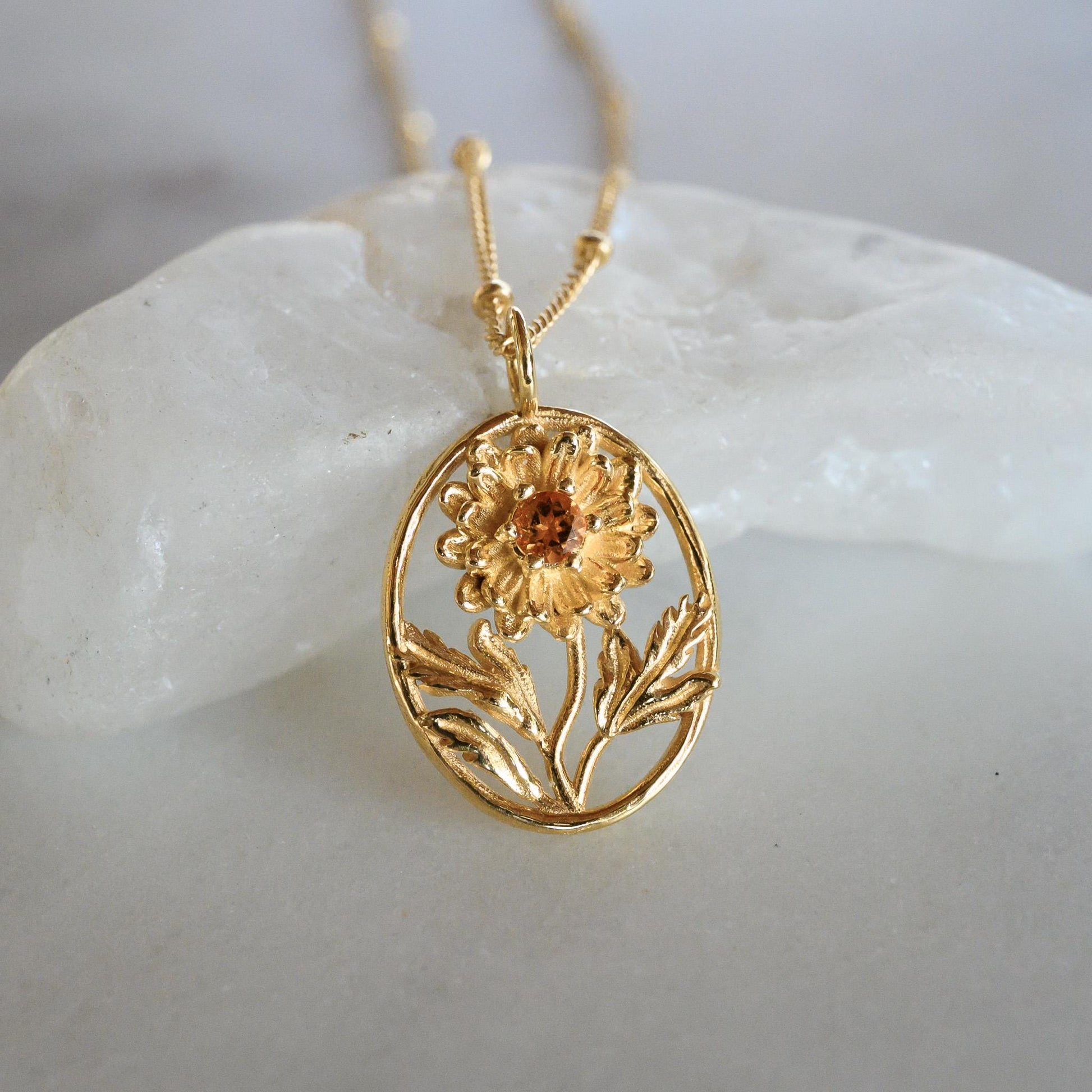 Chrysanthemum Flower Necklace - Personalized Jewelry - November Birth Month Flower Gift, 14K Gold Plate with a Beaded Gold Filled chain