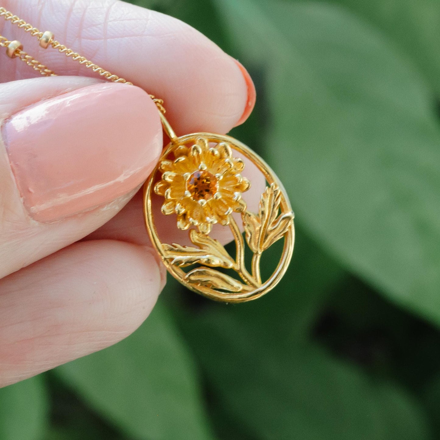 Chrysanthemum Flower Necklace - Personalized Jewelry - November Birth Month Flower Gift, 14K Gold Plate with a Beaded Gold Filled chain