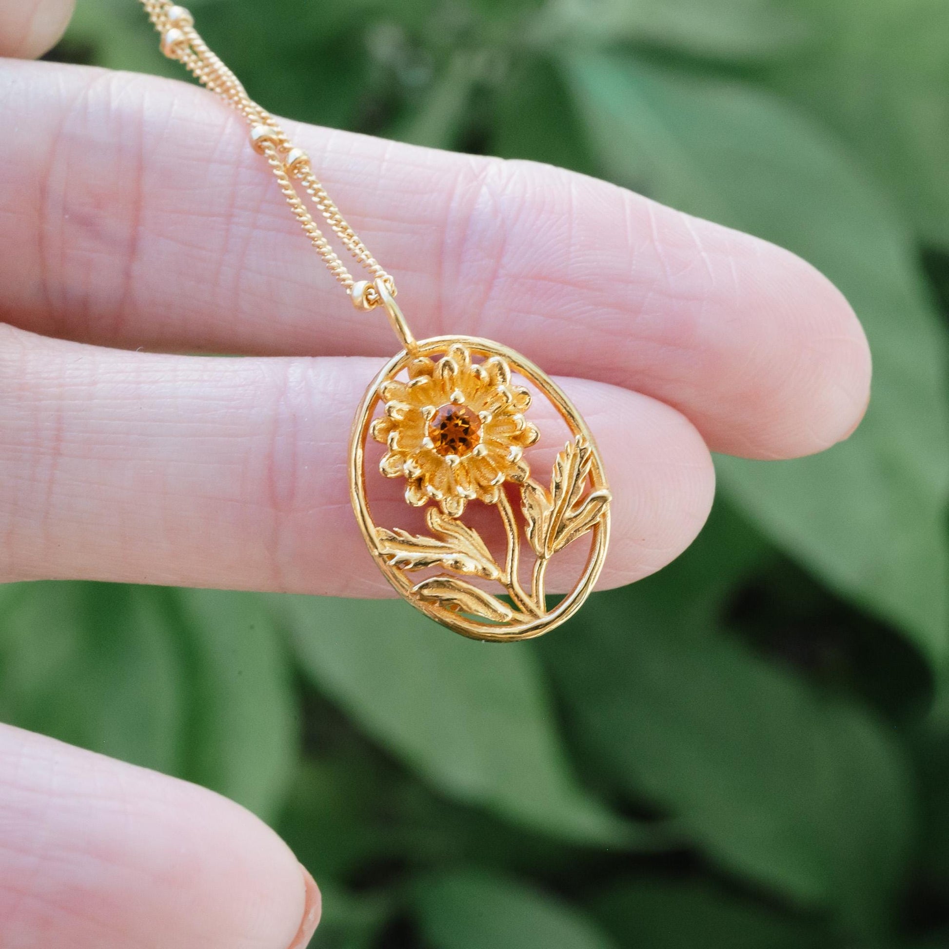 Chrysanthemum Flower Necklace - Personalized Jewelry - November Birth Month Flower Gift, 14K Gold Plate with a Beaded Gold Filled chain