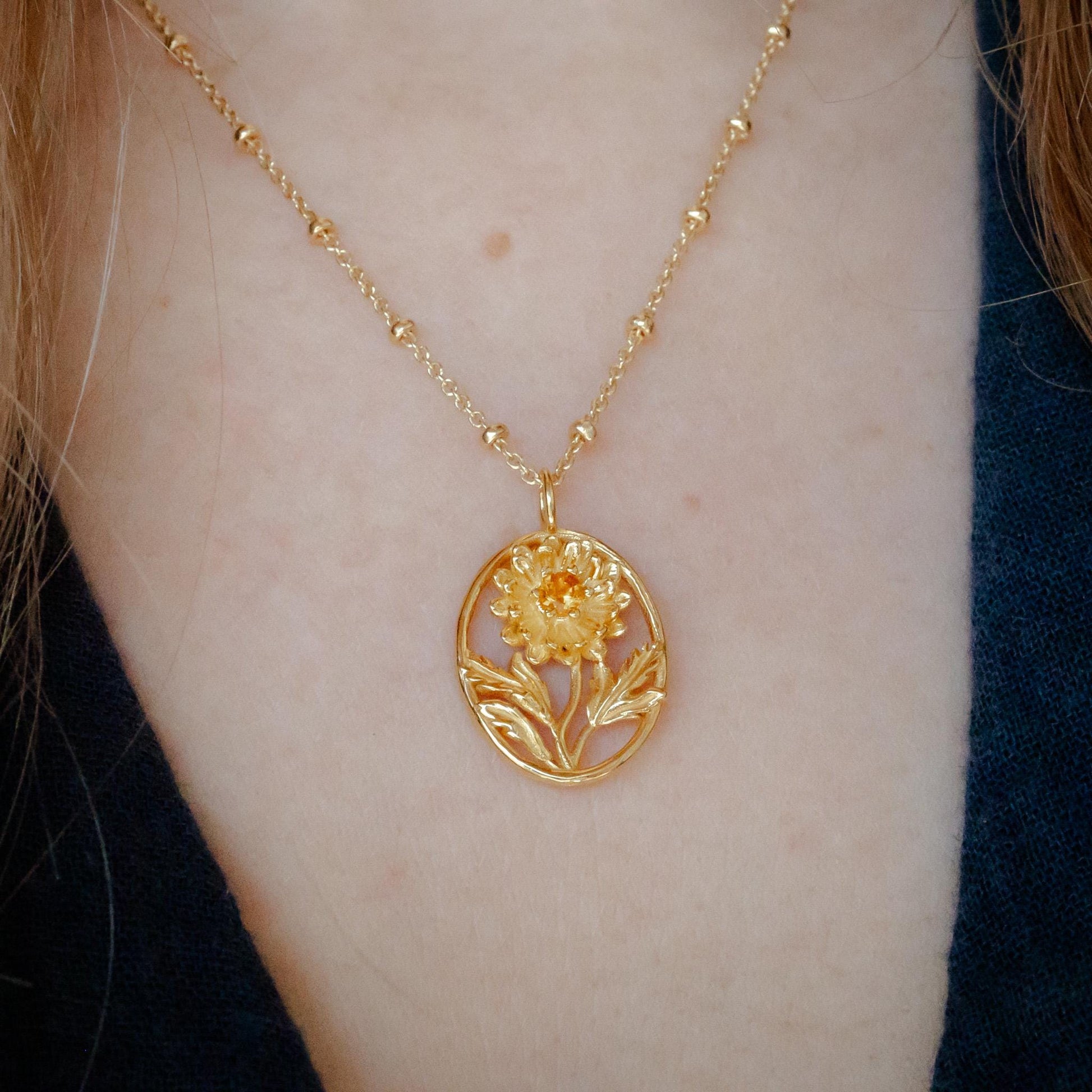 Chrysanthemum Flower Necklace - Personalized Jewelry - November Birth Month Flower Gift, 14K Gold Plate with a Beaded Gold Filled chain