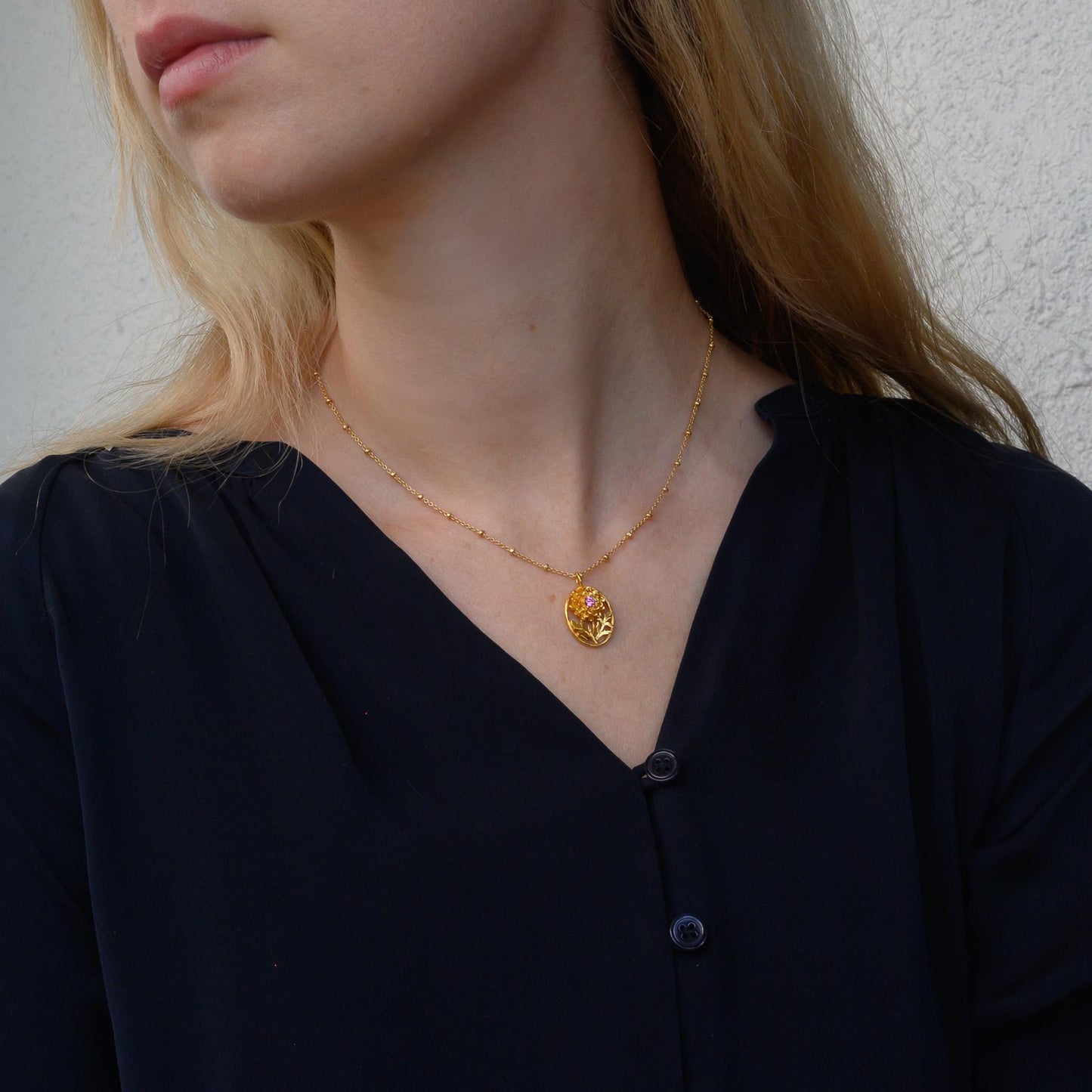 Chrysanthemum Flower Necklace - Personalized Jewelry - November Birth Month Flower Gift, 14K Gold Plate with a Beaded Gold Filled chain