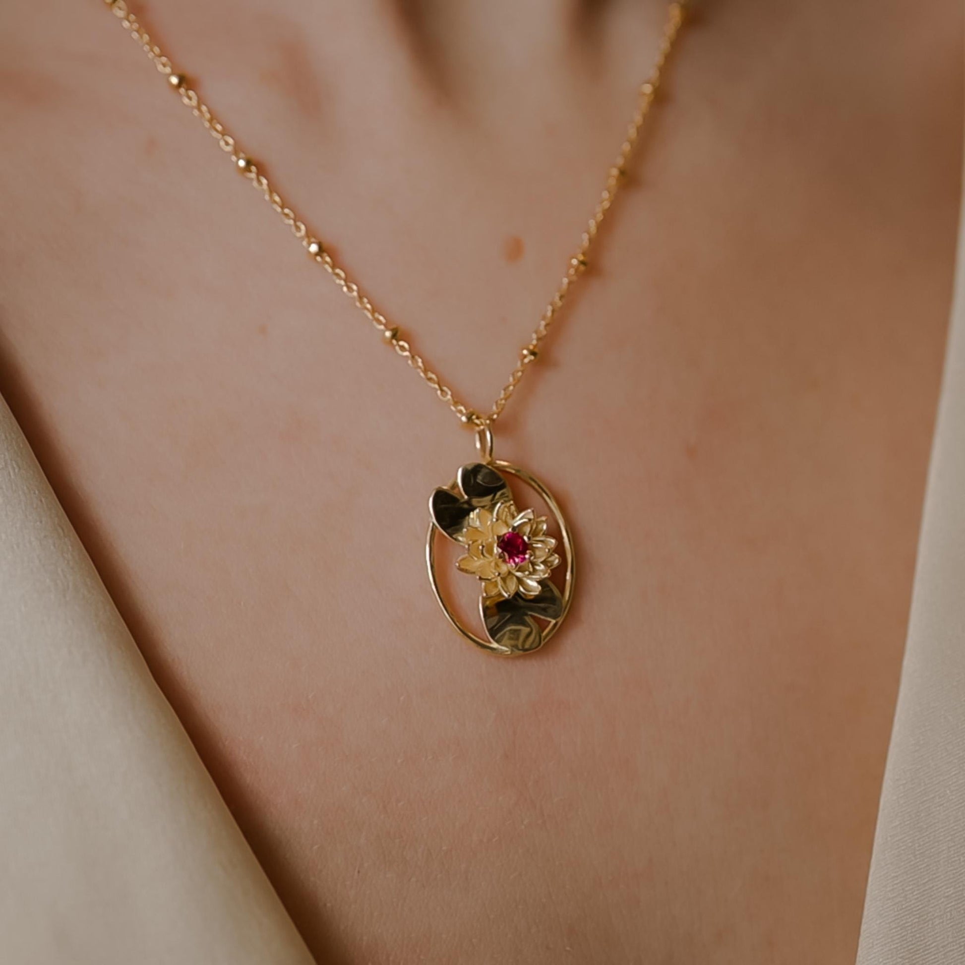 Water Lily - Personalized Jewelry - July Birth Month Flower Gift, 14K Gold Plate with a Beaded Gold Filled chain