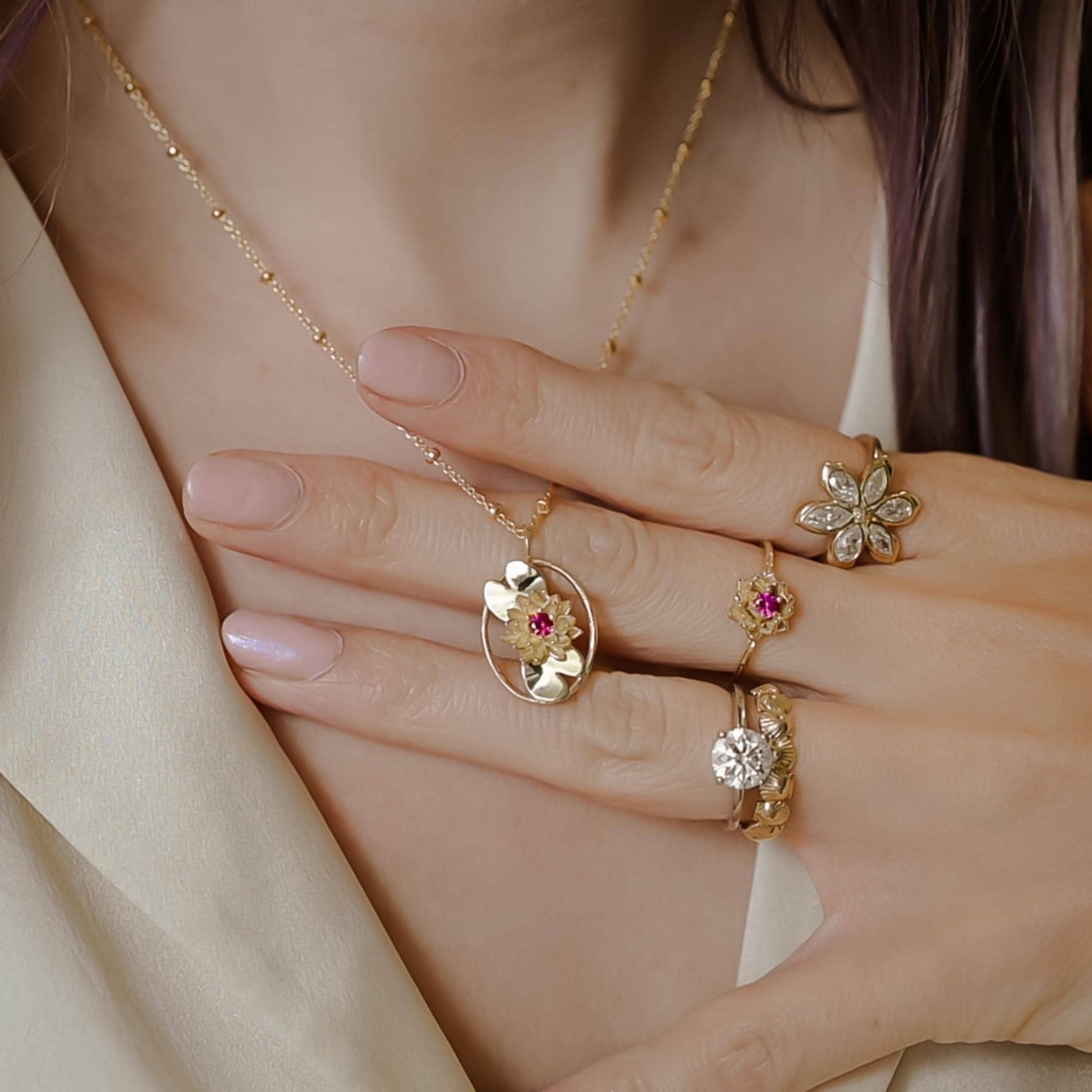 Water Lily - Personalized Jewelry - July Birth Month Flower Gift, 14K Gold Plate with a Beaded Gold Filled chain