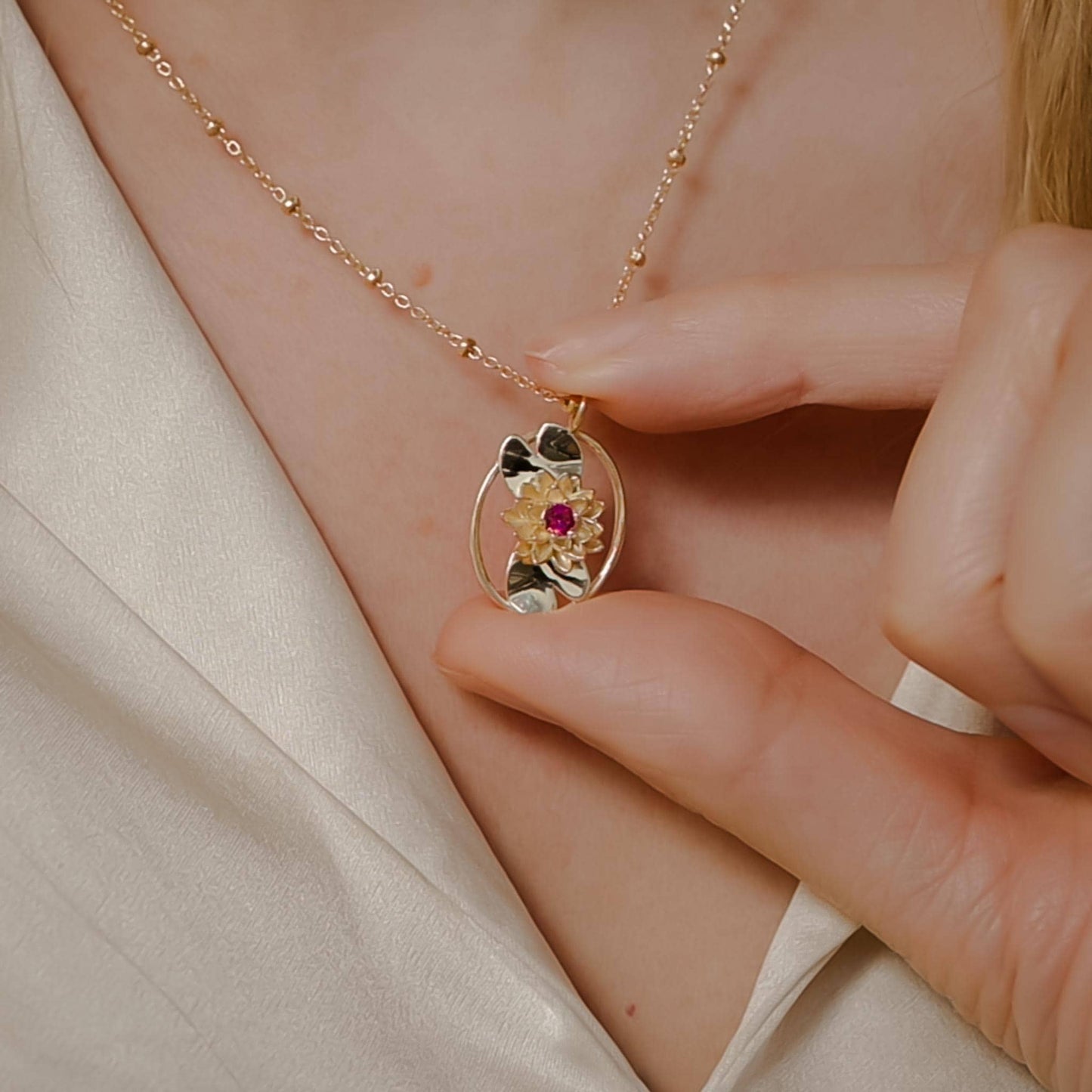 Water Lily - Personalized Jewelry - July Birth Month Flower Gift, 14K Gold Plate with a Beaded Gold Filled chain